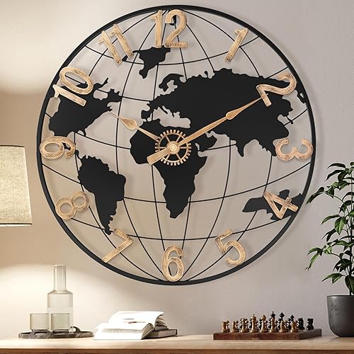 Reloj de pared grande de 24 pulgadas para decoración de sala de estar, reloj de pared de metal silencioso con mapa del mundo con números arábigos