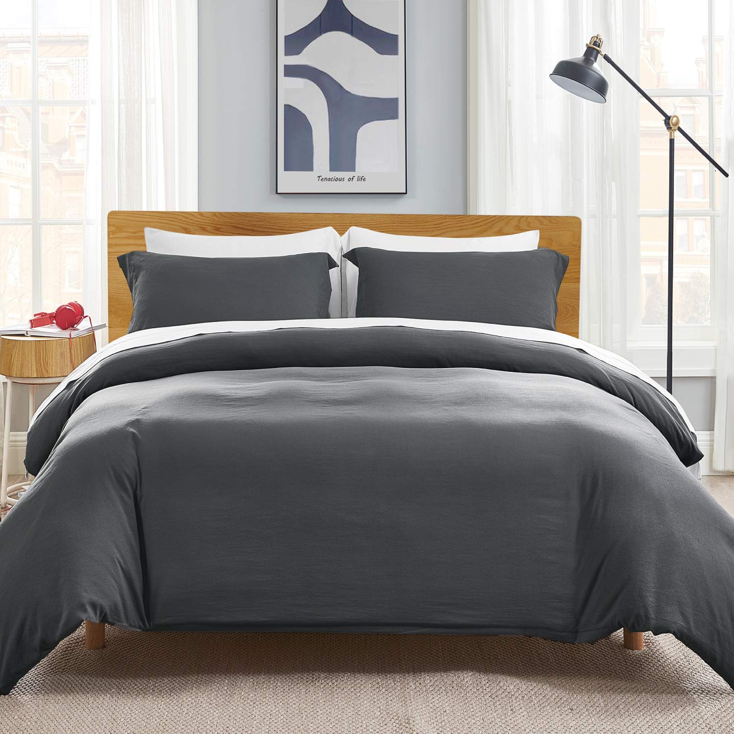 Bedsure Charcoal Grey Duvet Covers Queen Size - Washed Cotton Like Soft Queen Duvet Cover Set 3 Pieces with Zipper Closure, 1 Duvet Cover 90x90 inches and 2 Pillow Shams
