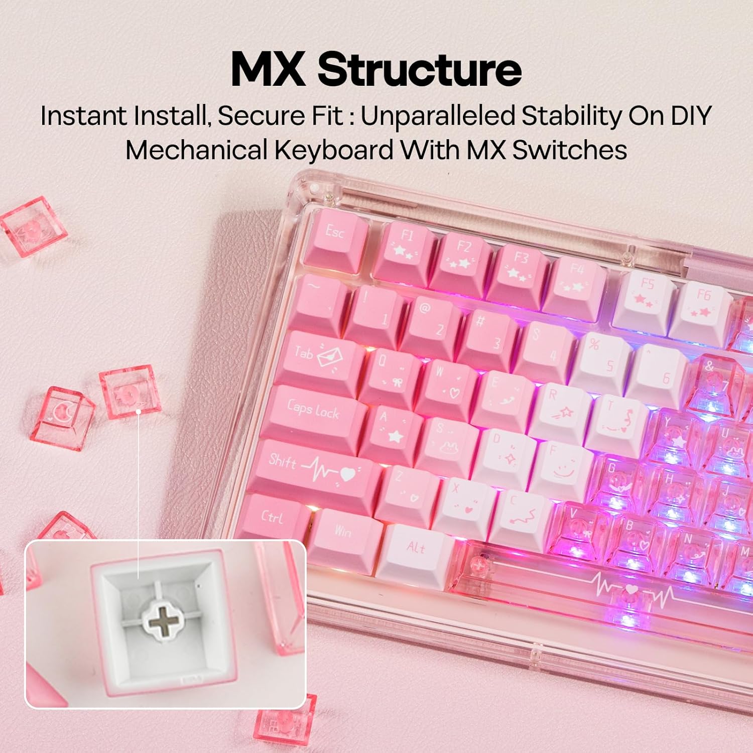 EPOMAKER DuoChrome Keycaps Set, 150 Keys, Cherry Profile, Shine Through, PBT+PC, Dye-sub, 65%/75%/TKL/96%/Full Size, Custom Keyboard Keycaps Set for Mechanical Gaming Keyboard (Pink)