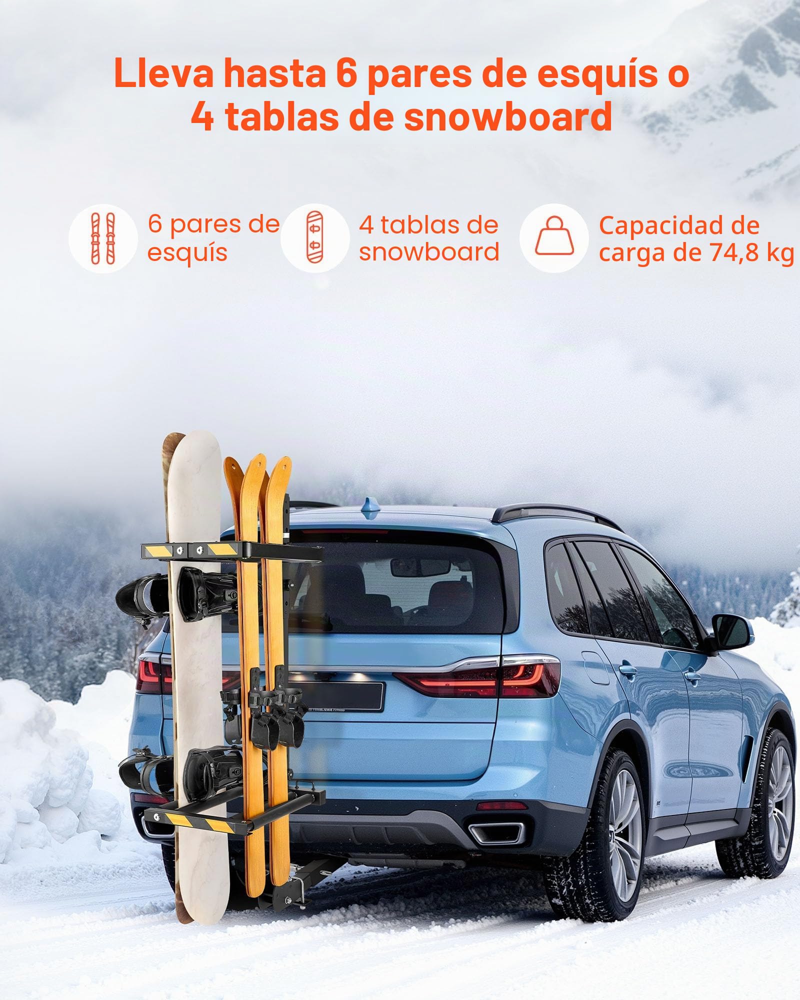 VEVOR Portaesquís de Techo, para hasta 6 Pares de Esquís/4 Tablas de Snowboard, con Cerradura con Cinturón de Seguridad y Acceso Inclinable, el Soporte Ajustable Se Adapta a la Barra de Remolque