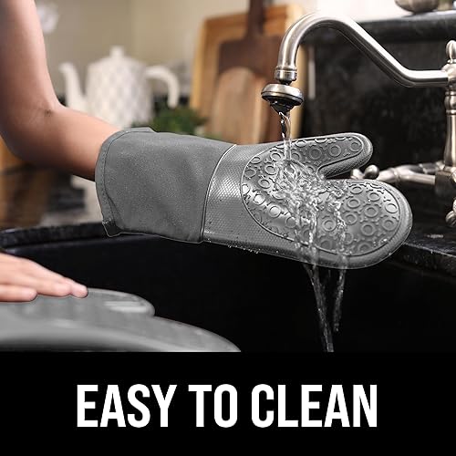 Vista 57 de Guantes de horno de silicona con forro de algodón acolchado – profesional resistente al calor olla de cocina soportes – 1 par, Negro