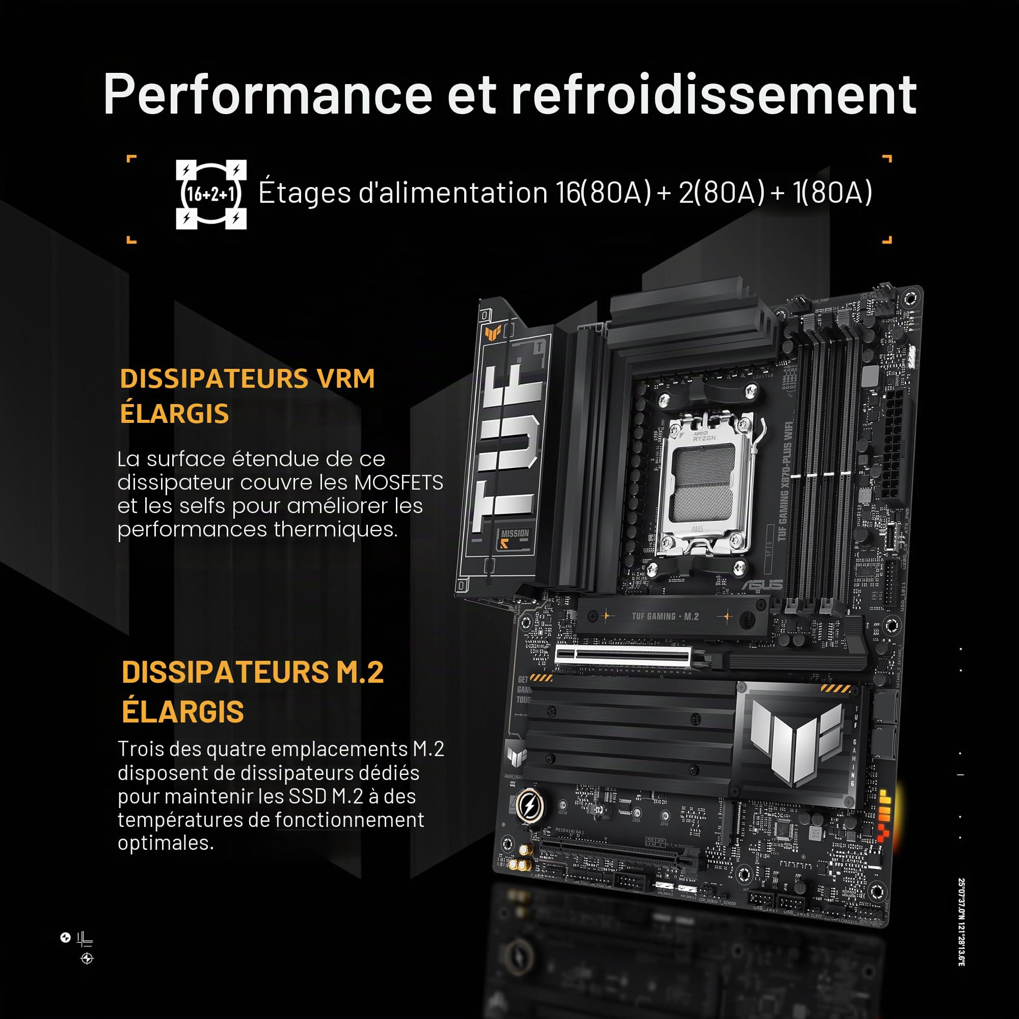 ASUS TUF Gaming X870-PLUS Carte mère WiFi AMD AM5 X870 ATX, 16+2+1, 80A SPS Power Stages, DDR5, PCIe 5.0 Ready, Quatre emplacements M.2, Wi-FI 7, LAN 2,5 Go, HDMI, USB4® 40 Gbit/s, SATA 6 Gbit/s, USB
