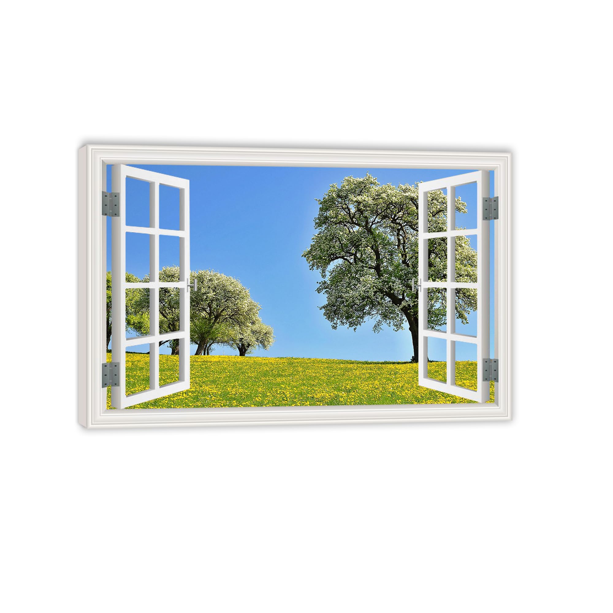 Hau3sh3a Cuadro en Lienzo Ventana Vista Paisajes de flores amarillas Imagen Impresion Pintura Listo para Colgar Cuadro Decoración Moderno para Salón o Dormitorio enmarcar 105x70cm(41x28in)