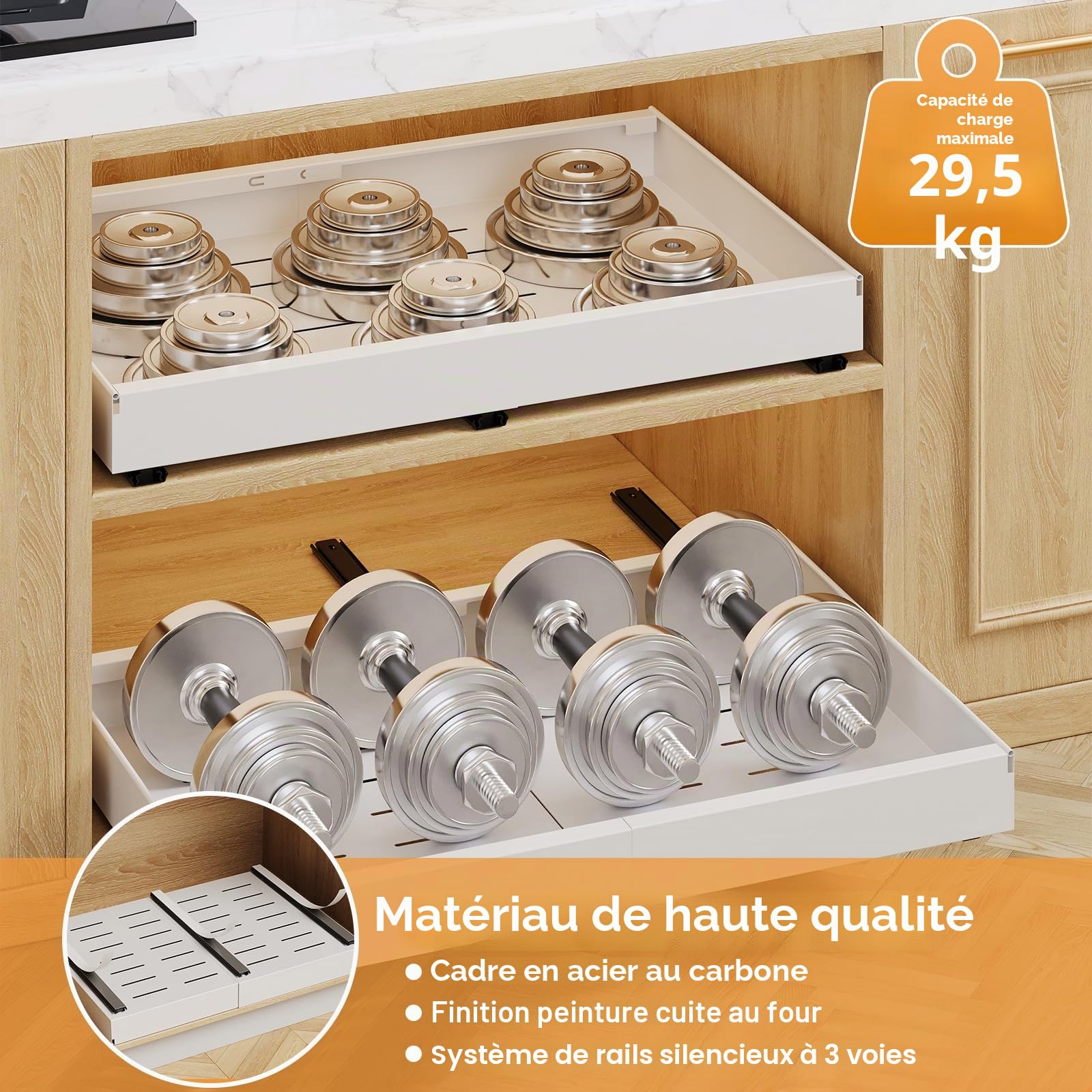Lot de 4 tiroirs télescopiques - Largeur : 32 à 52 cm - Organiseur de placard extensible avec système de rail - Tiroir coulissant - Armoire de cuisine pour organisation de cuisine - Blanc