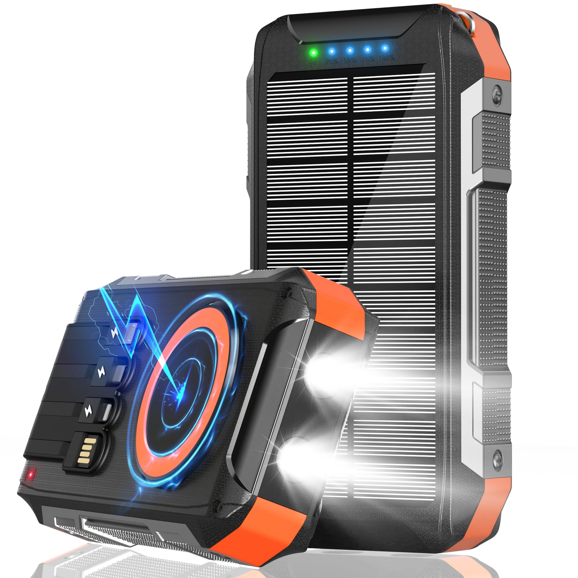 26800mAh Solar Power Bank con 4 cavi, power bank magnetico senza fili | ricarica rapida, 30W, USB C, caricatore portatile 7 uscite, batteria esterna con torcia per attività all'aperto, campeggio