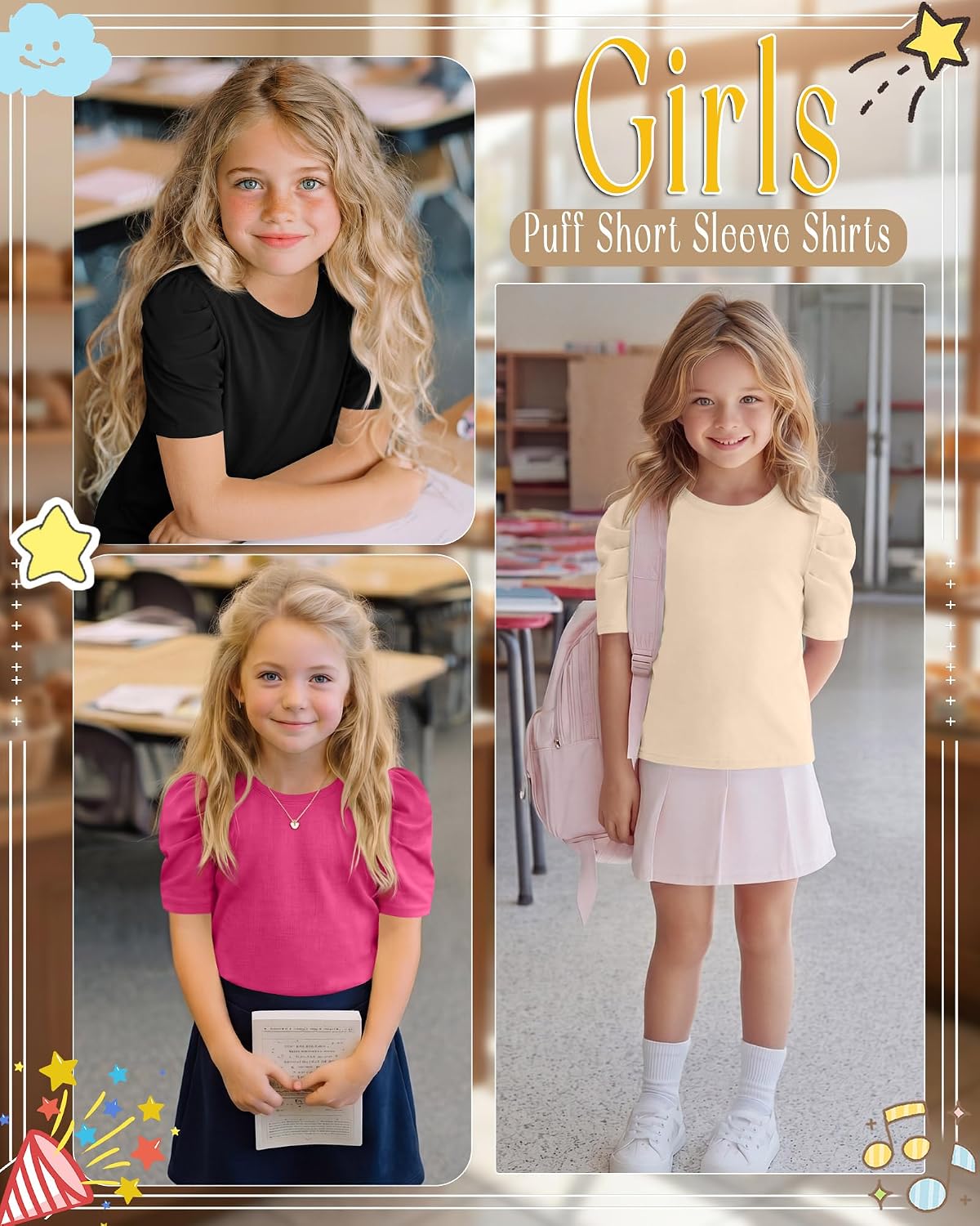 3 Pack Girls Puff Short Sleeve Shirts Kids Cute Summer Tops Crewneck Casual Tees Fashion Solid Blouse 5-14 Years