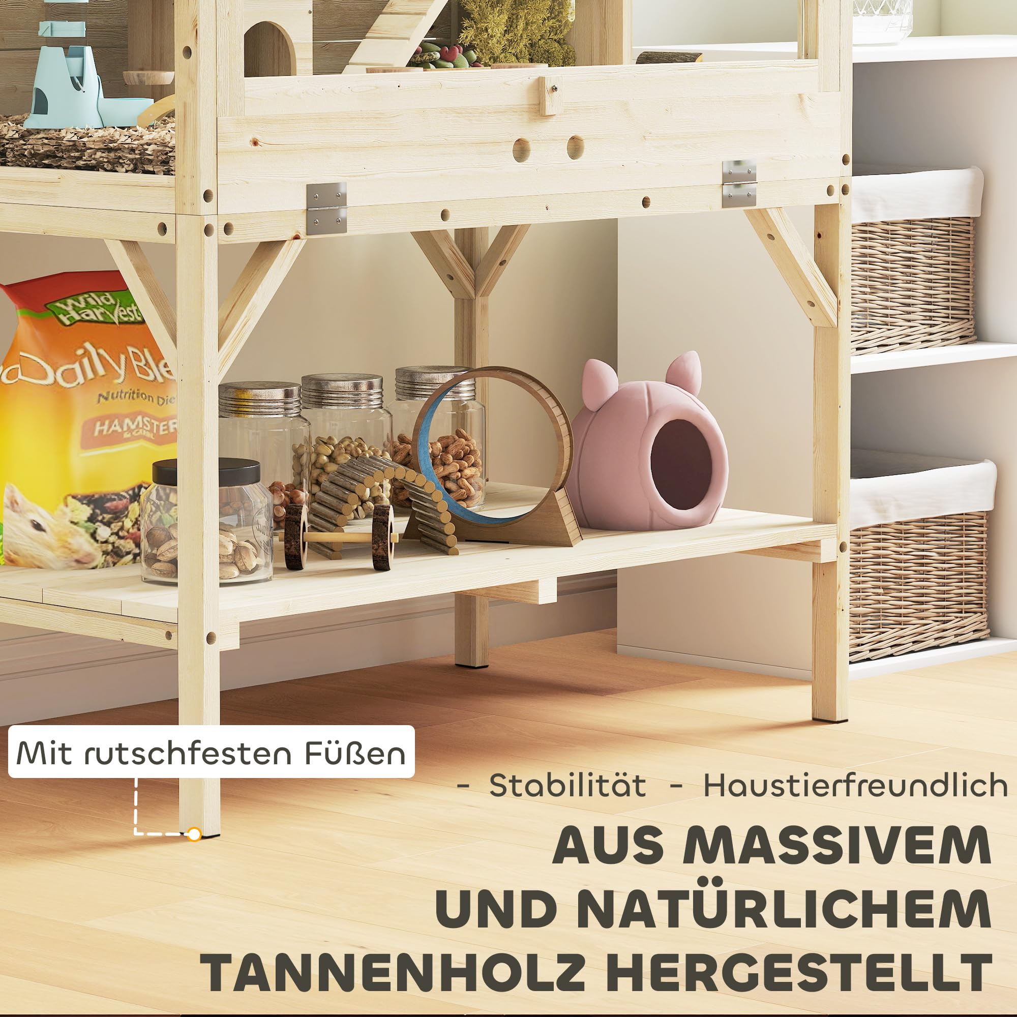 PawHut Hamsterkäfig aus Holz 2 Etagen mit unterem Ablagefach, zu öffnendem Deckel, Tablett, Wippen, Rampe, Nagarium, Kleintierkäfig mit Hütte, 84 x 53 x 110 cm, Natur