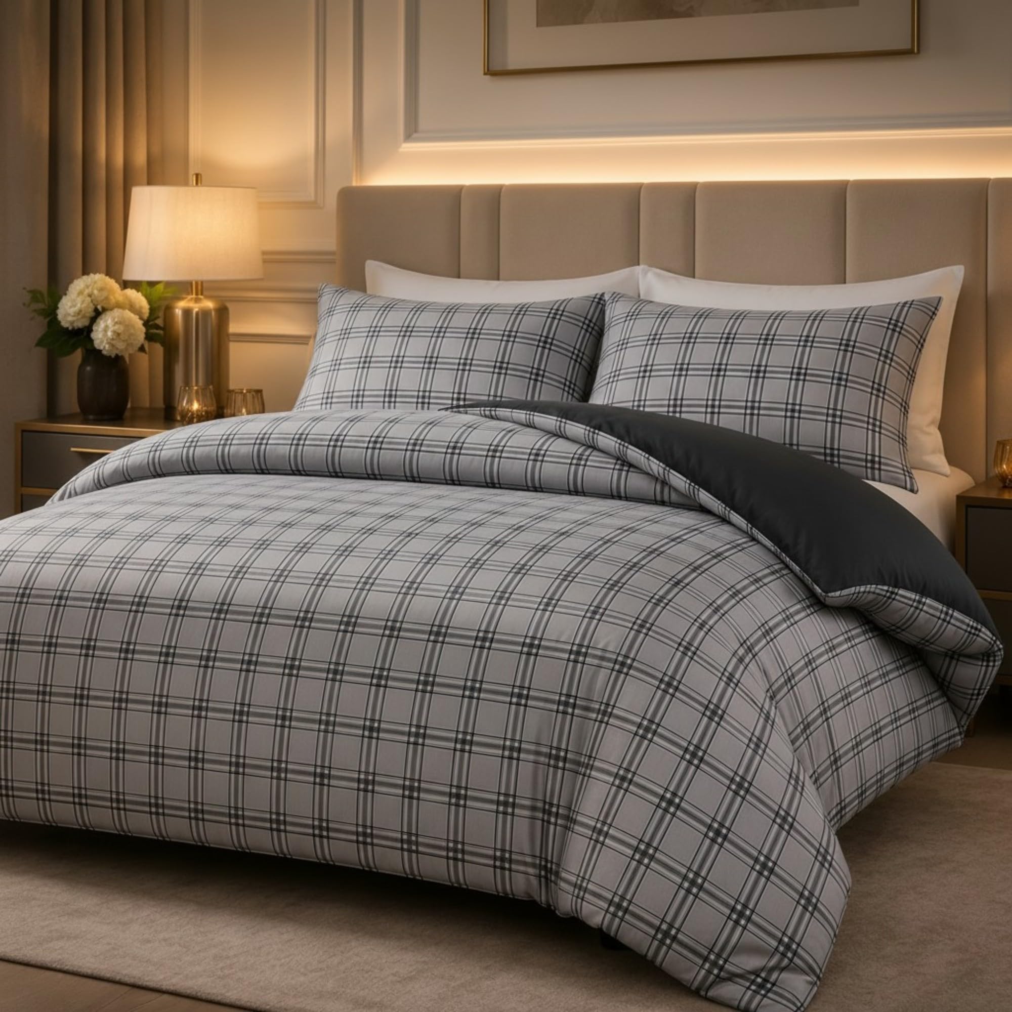 Grace Grey & Black King Size Duvet Cover Sets - Premium Microfiber Reversible Kingsize Duvet Cover Sets (230 X 220 Cm) 3 Pcs - Ultrasoft Hypoallergenic Luxury Quilt Cover Bedding Set With Zipper Closure