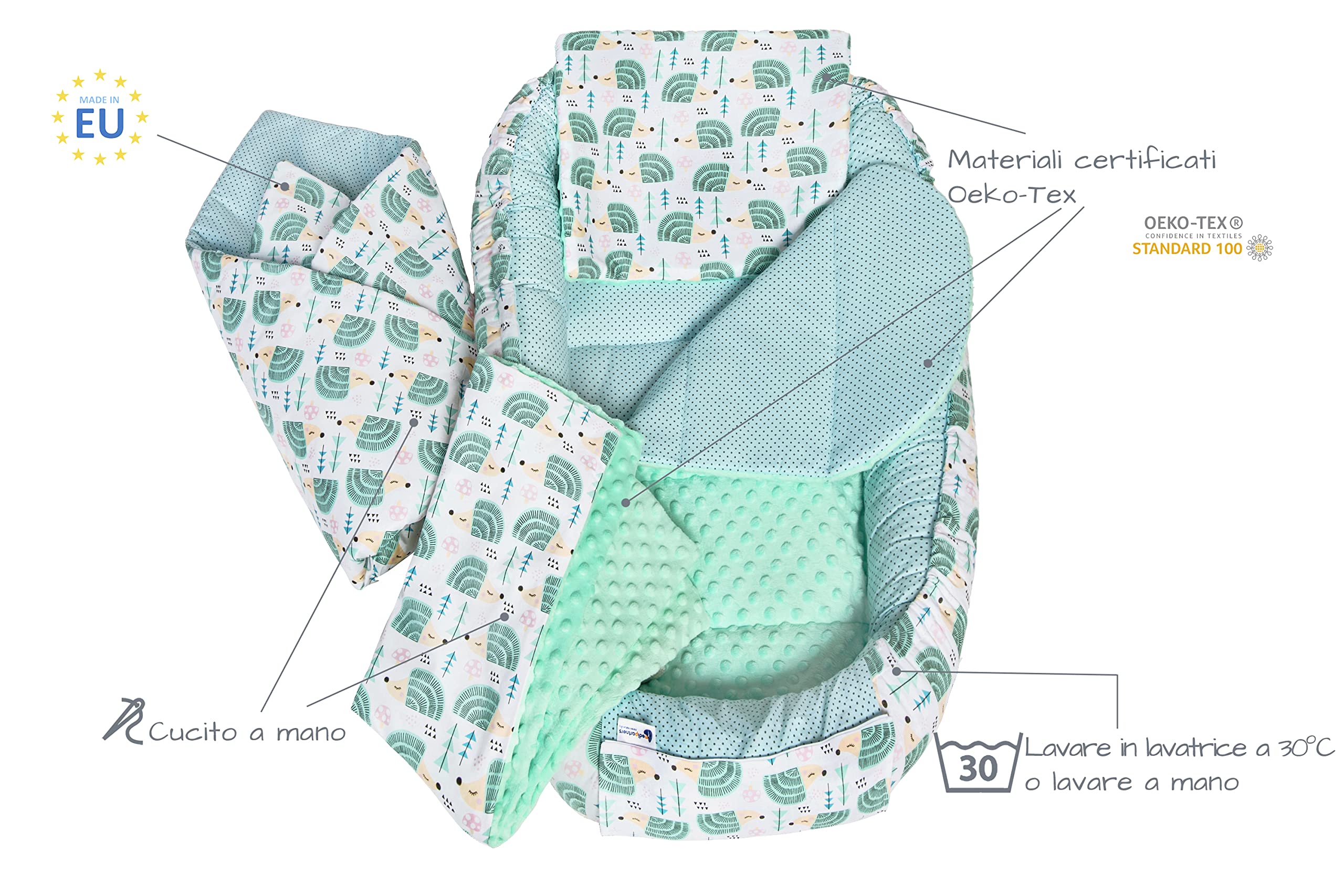 Medi Partners 5-Parti Nido per Bebè 100x60x15 Inserto Rimovibile Letto Cuscino Coperta bambini neonati 100% Cotone (Ricci con Menta Minky)