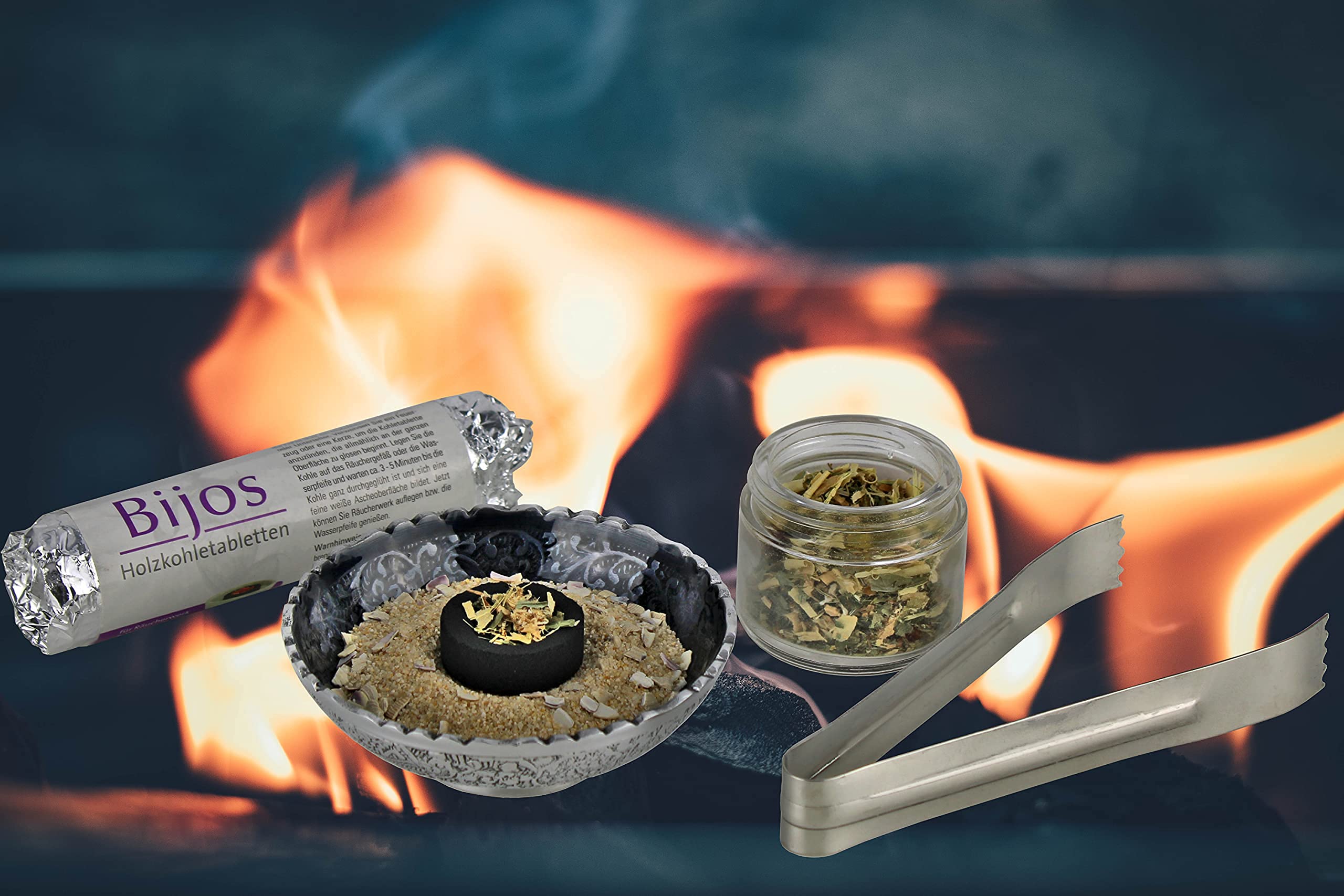 Hochwertiges Räucherset 5-teilig, Komplettset mit Räucherschale, Feuersand, Kohle, Zange und Räucherwerk