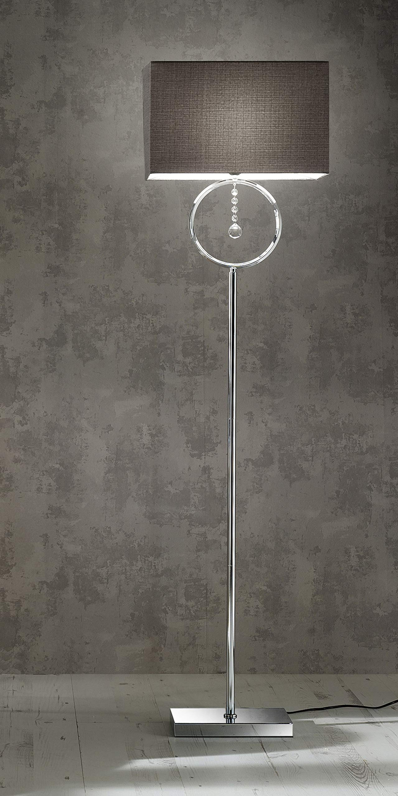 K Living Floor Lamp Lizzy Chrome Silver With Grey Shade With Crystal Hanging Pendant