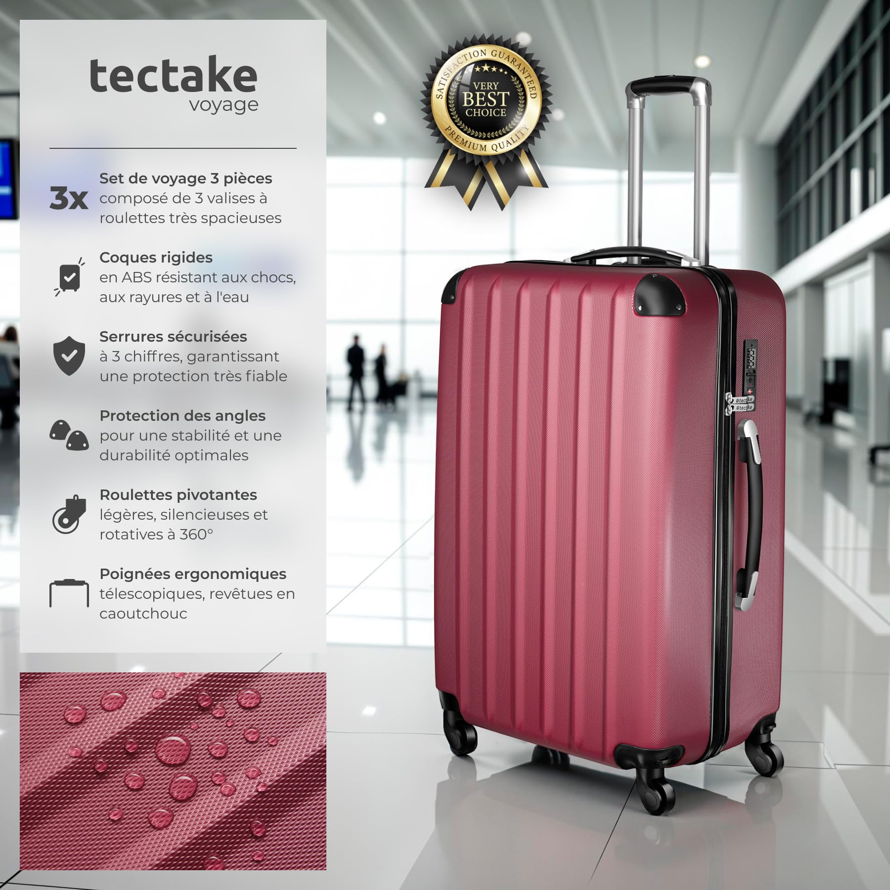 tectake® Set de Valises de Voyage 3 Tailles Valise Grande Taille, Cabine et Petite Valise Sacs de Voyage Valises Maternité ABS avec roulettes Pivotantes 360° Cadenas Poignée télescopique