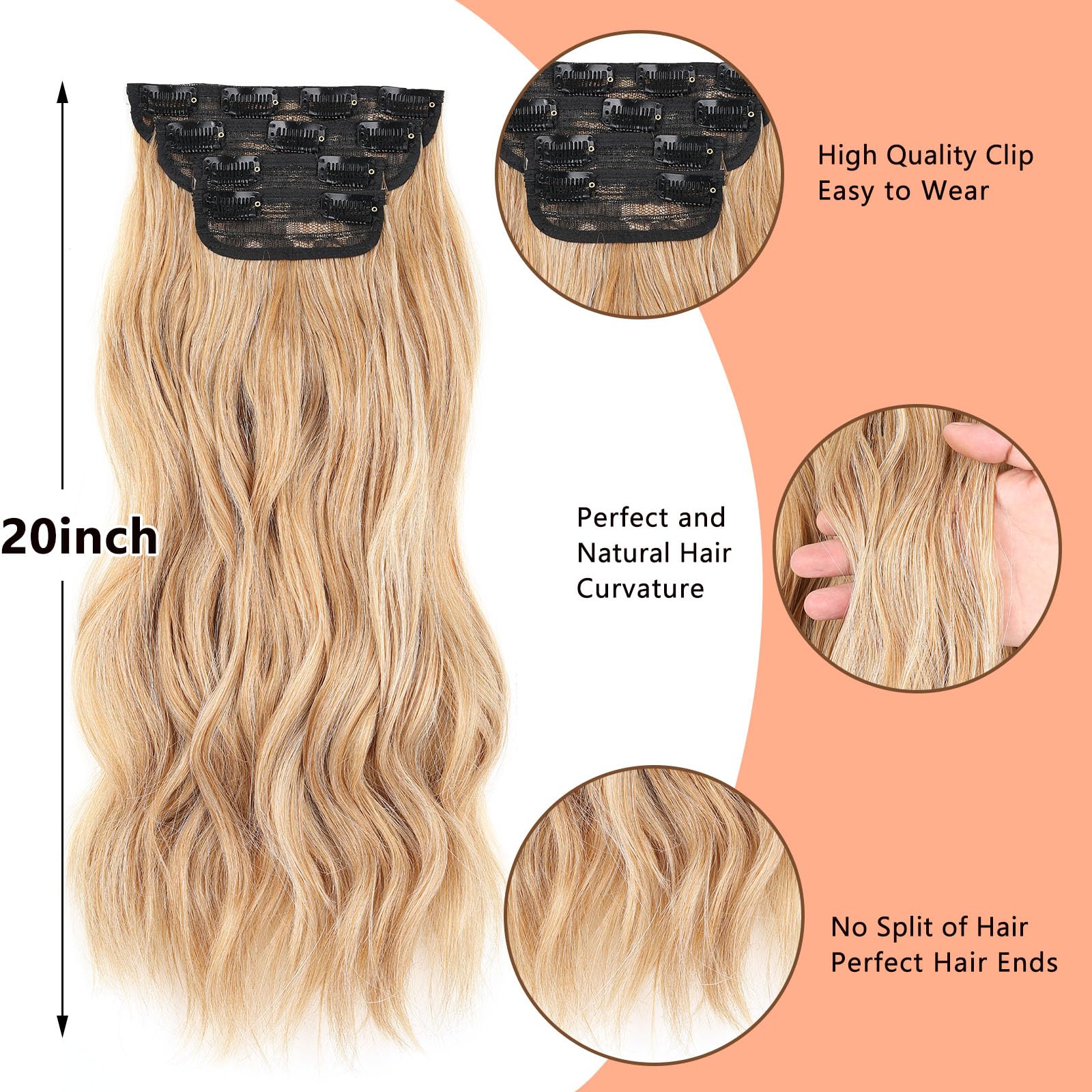 Mscat 20 Inch Curly Hair Extensions Clip in Hair Extensions Synthetic Thick Hair pieces for Women 4PCS Full Head Set Thick Long Curly Wavy Synthetic Hair Extensions(Gloden Blonde) - Image 3