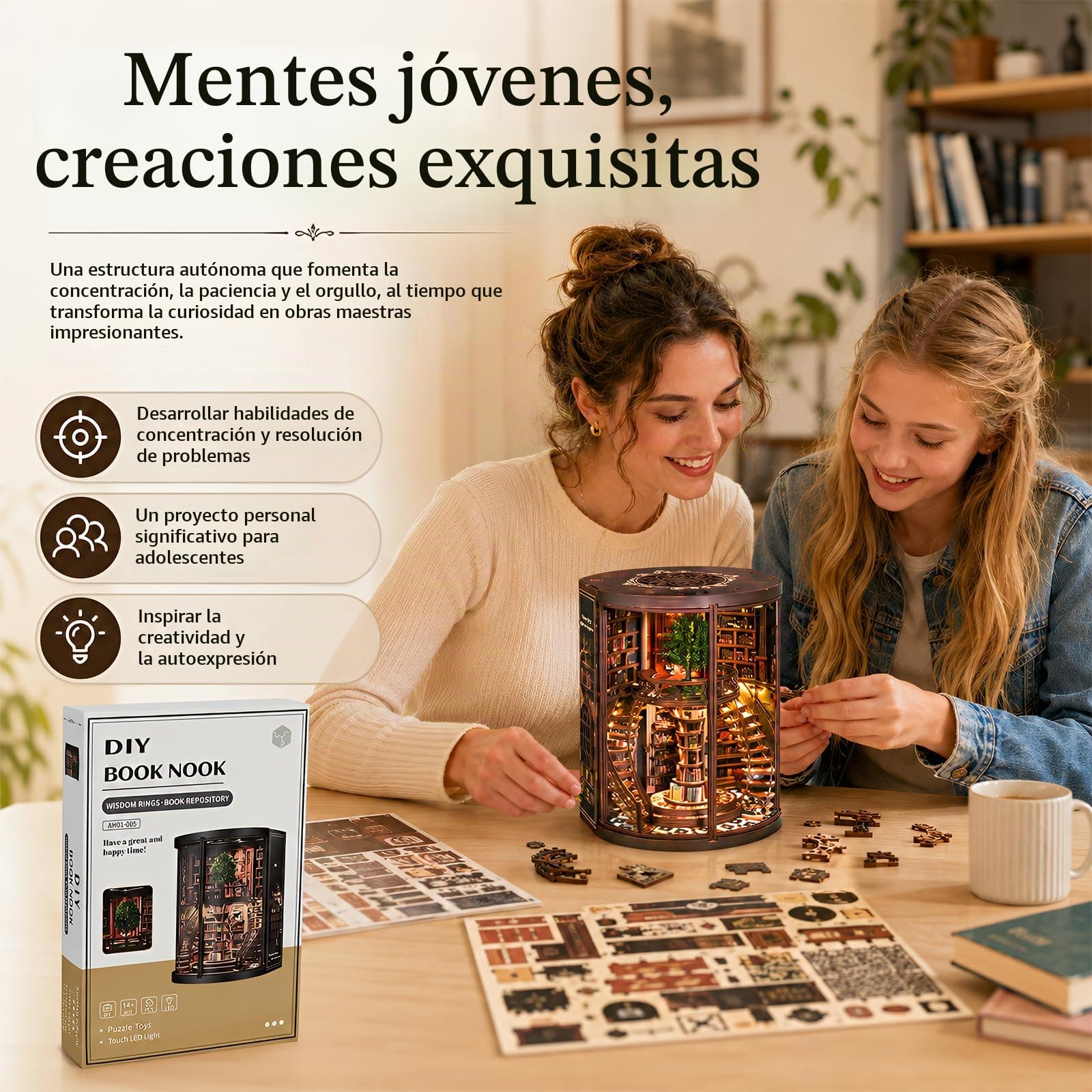 Kit Book Nook con Luz LED, Book Nook Biblioteca Antigua, 356 Piezas Puzzle 3D de Madera para Biblioteca, DIY Miniaturas para Montar, Sujetalibros Decorativo para Adultos, Regalo para Lectores