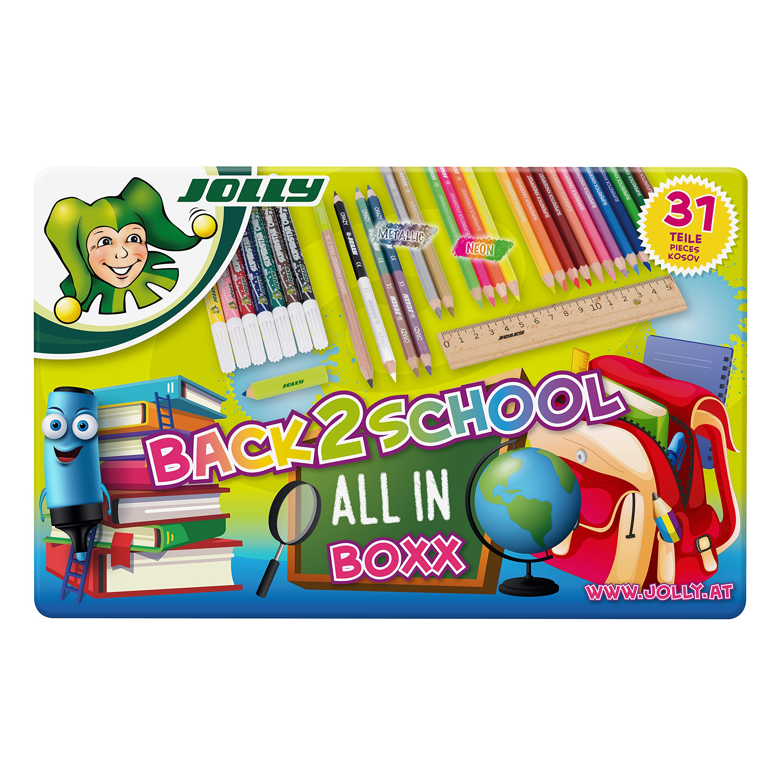 JOLLY Back to School Box, set di partenza per la scuola con 31 pezzi, incl. Matite colorate, pennarelli, matite in grafite, righello e gomma, colori vivaci e ricchi, robusta custodia in metallo