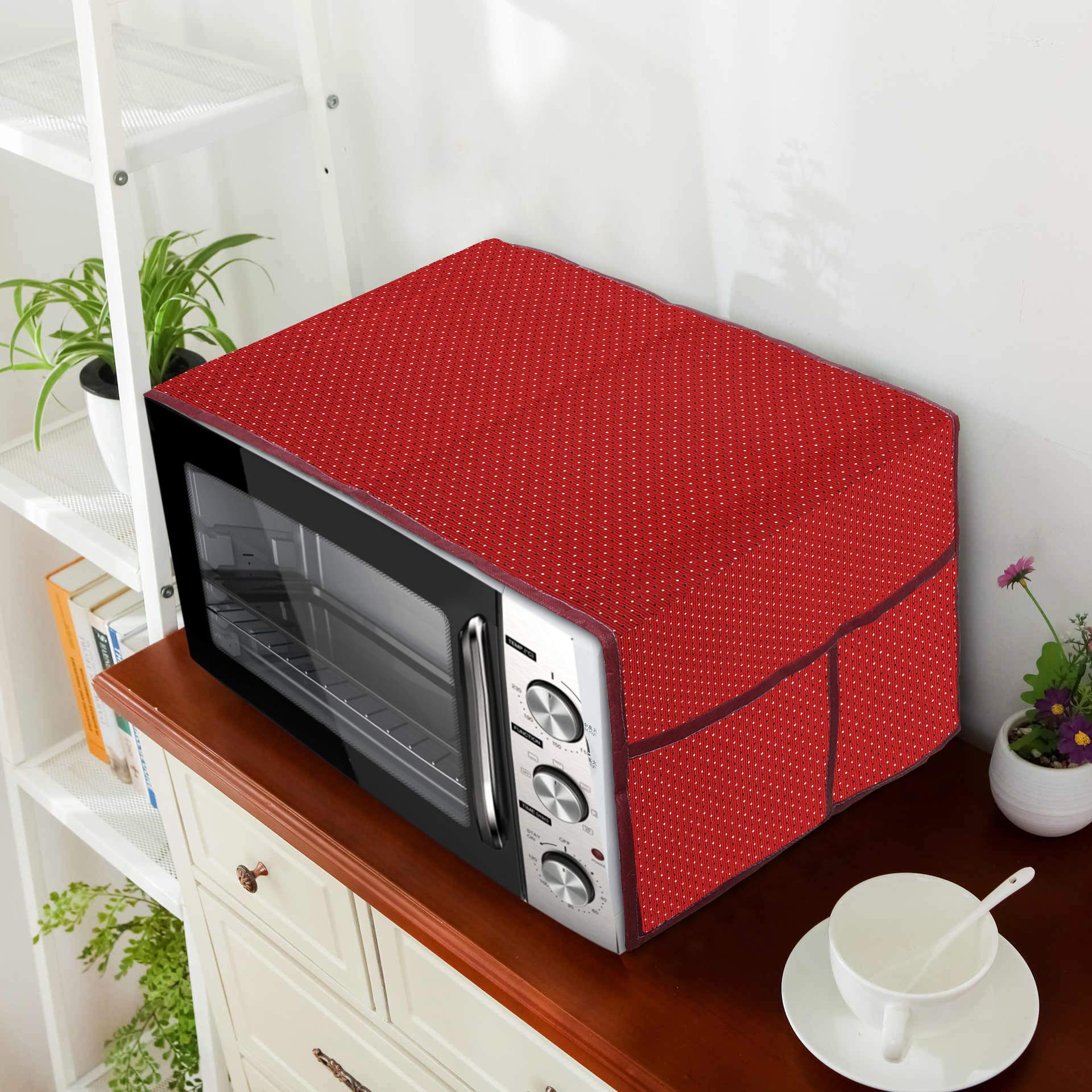E-Retailer® Polyester 3-Layered Microwave Oven Top Cover With 4 Utility Pockets Suitable for Upto 30 Liter (Color- Red, Size-36x14 In)