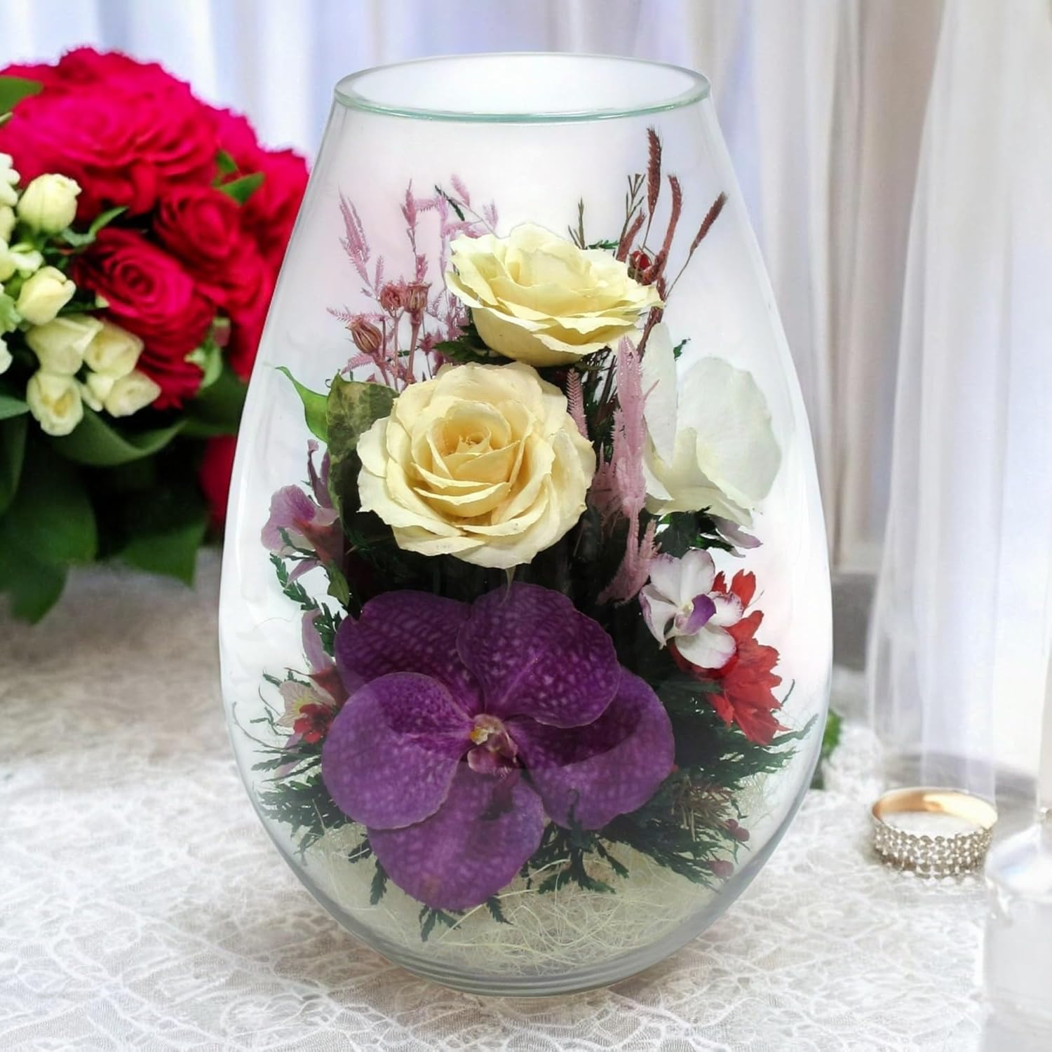Fiora Flower | Preserved Roses & Floral Arrangement in Sealed Glass Vase | Lasts up to 5 Years | Elegant Gift for Weddings, Birthdays, and Anniversaries (Lush)