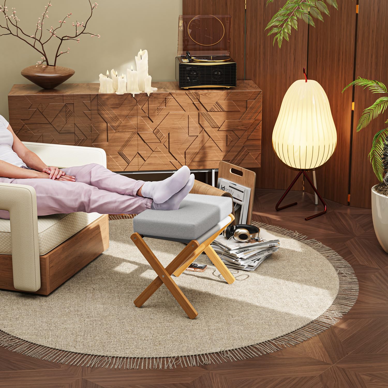 BAMBOOHOMIE Sgabello poggiapiedi pieghevole, moderno, con gambe a X in bambù e cuscino in schiuma spessa, sgabello pieghevole piccolo imbottito per camera da letto e soggiorno, poggiapiedi per sedia