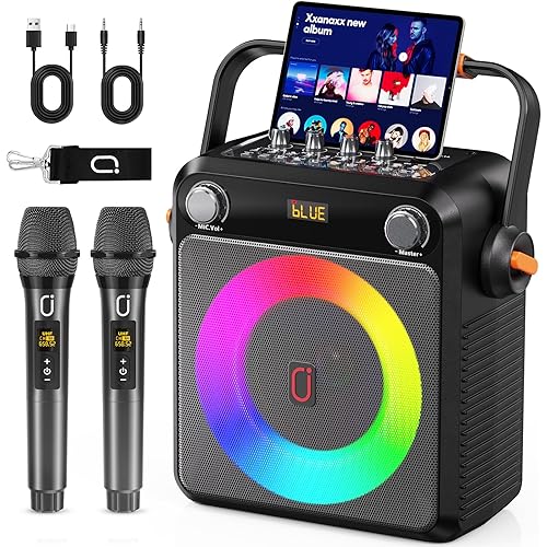 Karaoke Machine with 2 Wireless Microphones, Portable Bluetooth Karaoke Speaker for Adults, Karaoke Microphone with PA System, Bass/Treble Adjustment, Light for Home Party, Support USB/TF/AUX