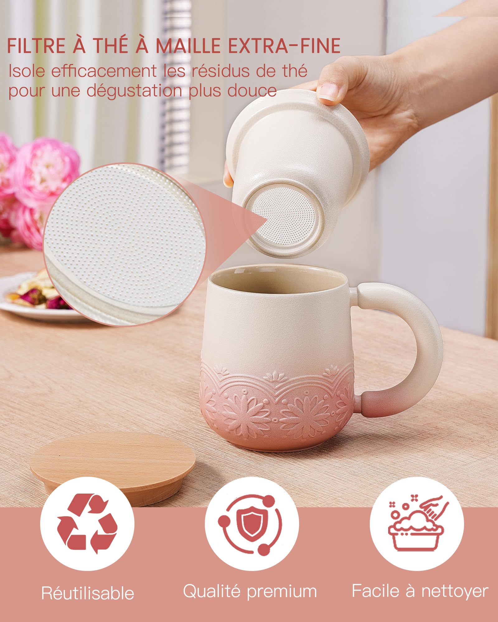 ZENS Taza de té con infusor y tapa, 330 ml - Taza de cerámica con relieve para té de hojas, tapa de madera, taza con filtro para amantes del té, rosa pálido