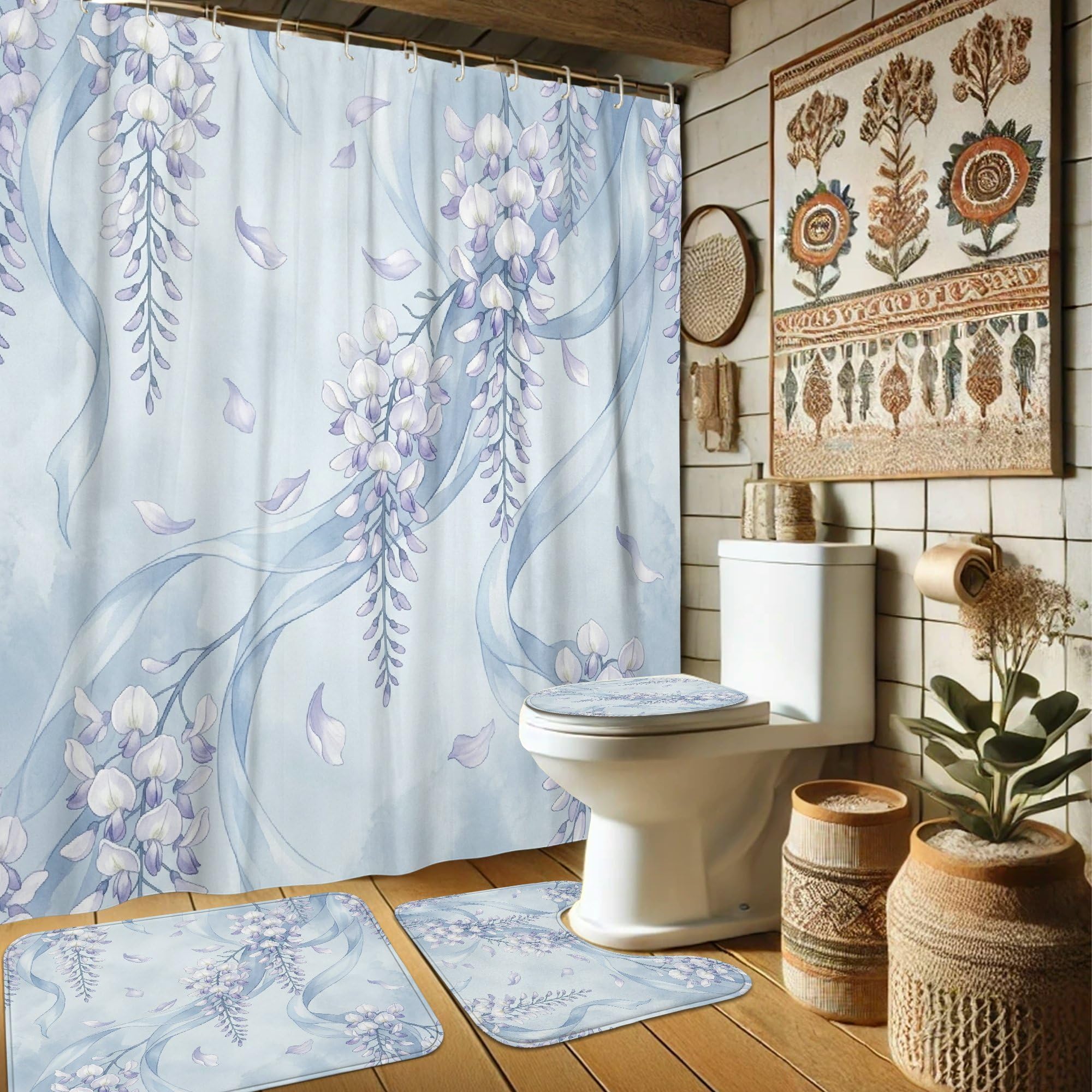 Rideau de douche en toile glycine bleu de qualité supérieure et tapis