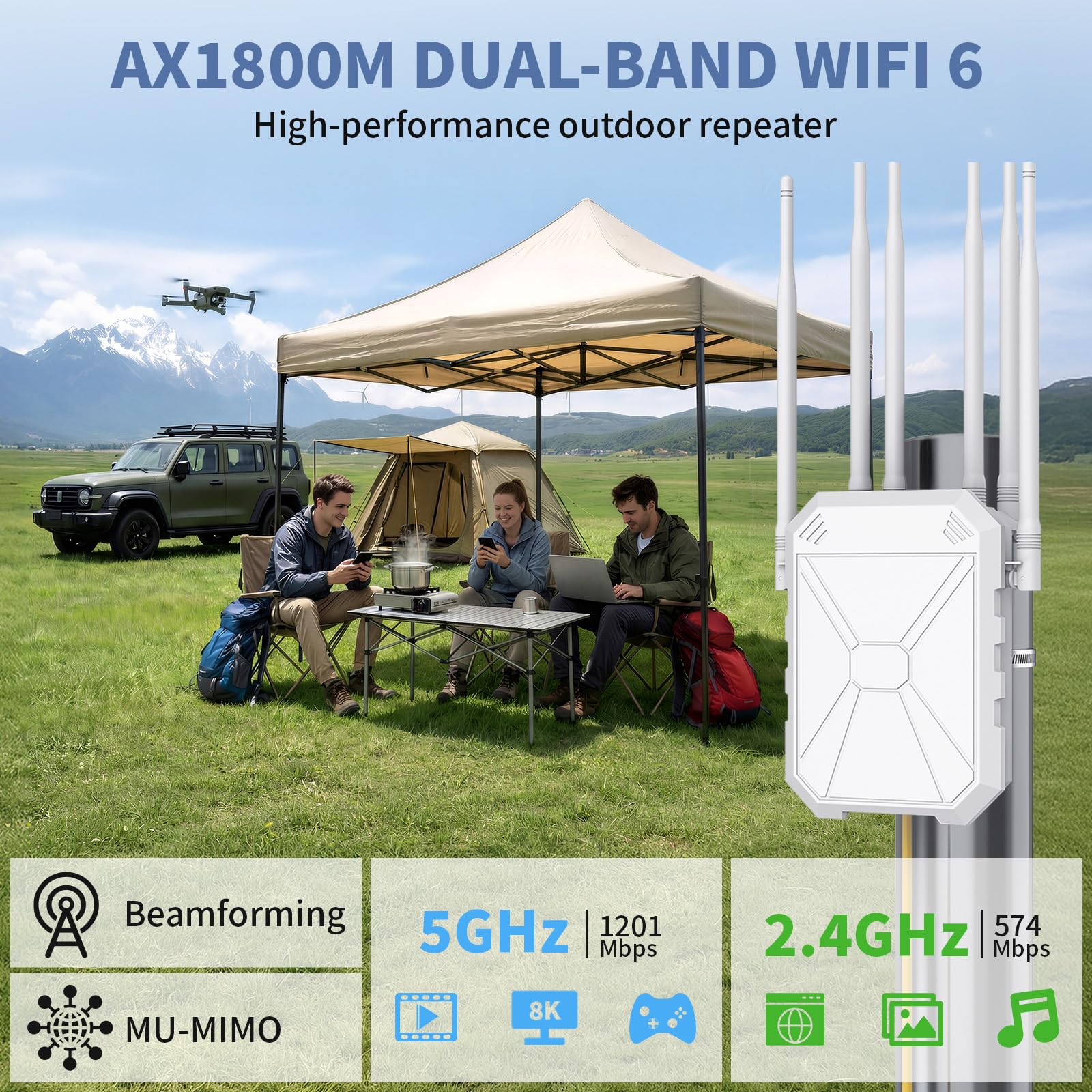 Répéteur WiFi 6 Extérieur AX1800, Borne WiFi Extérieure IP67 Longue Portée, Amplificateur WiFi Outdoor avec 6 Antennes 7dBi, Point d’Accès WiFi Extérieur PoE, Port Gigabit, pour Jardin, Terrasse