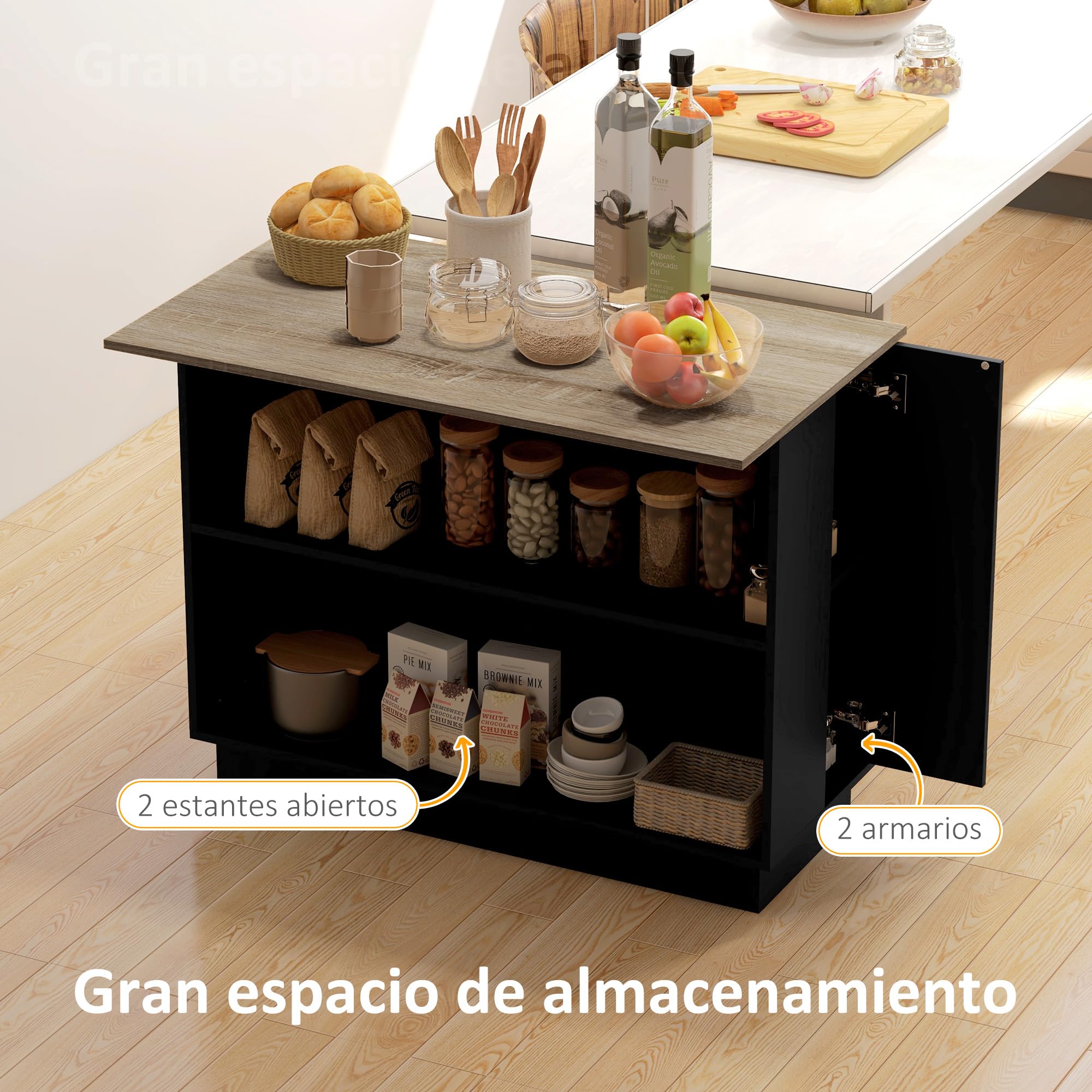 HOMCOM Isla de Cocina Mueble de Cocina con Estantes Ajustables 2 Estantes Abiertos y 2 Puertas Estilo Moderno Carga 100 kg 105x60x82 cm Negro y Roble