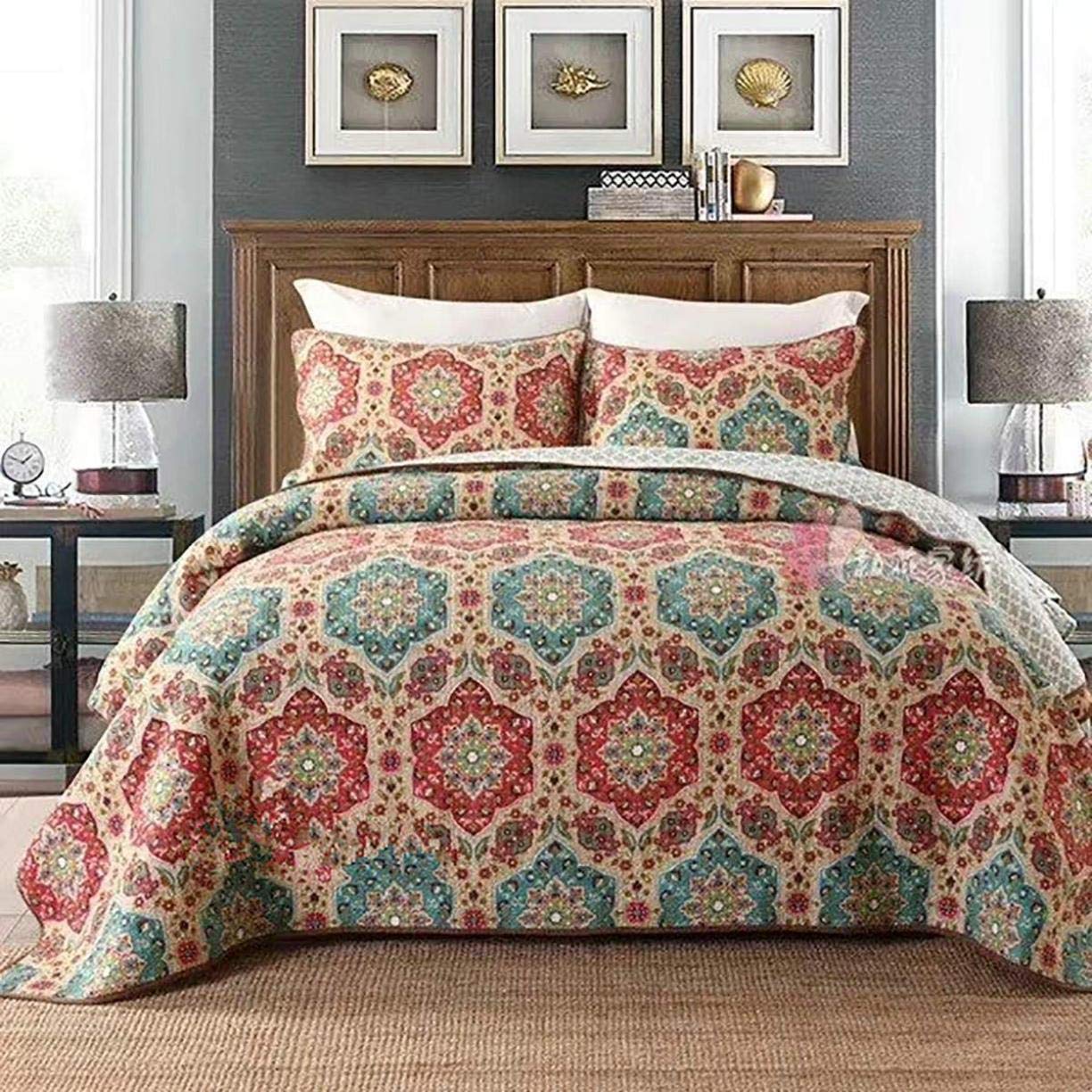 Sjdopulse Bohemian Color Printing Bedspread Quilted Quilt With 2 Pillowcases, 230×250Cm Bed Cover, Color, 230 * 250Cm