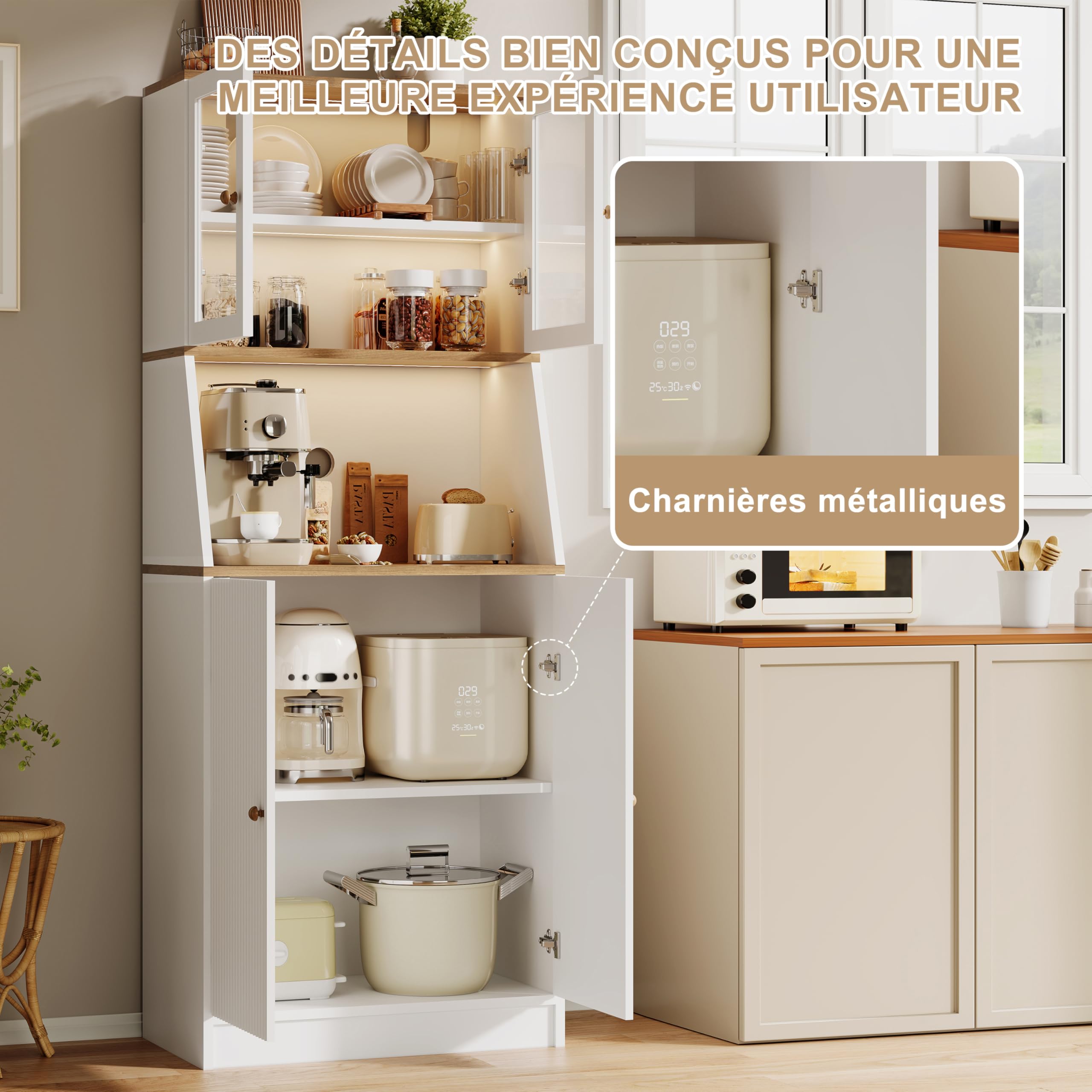 Aparador Alto de Cocina con LED, Armario de cocinaAlto con encimera, Armario de Cocina con estantes Ajustables y armarios gabinetes, aparadores Comedor, Vitrina para Comedor(Blanco)