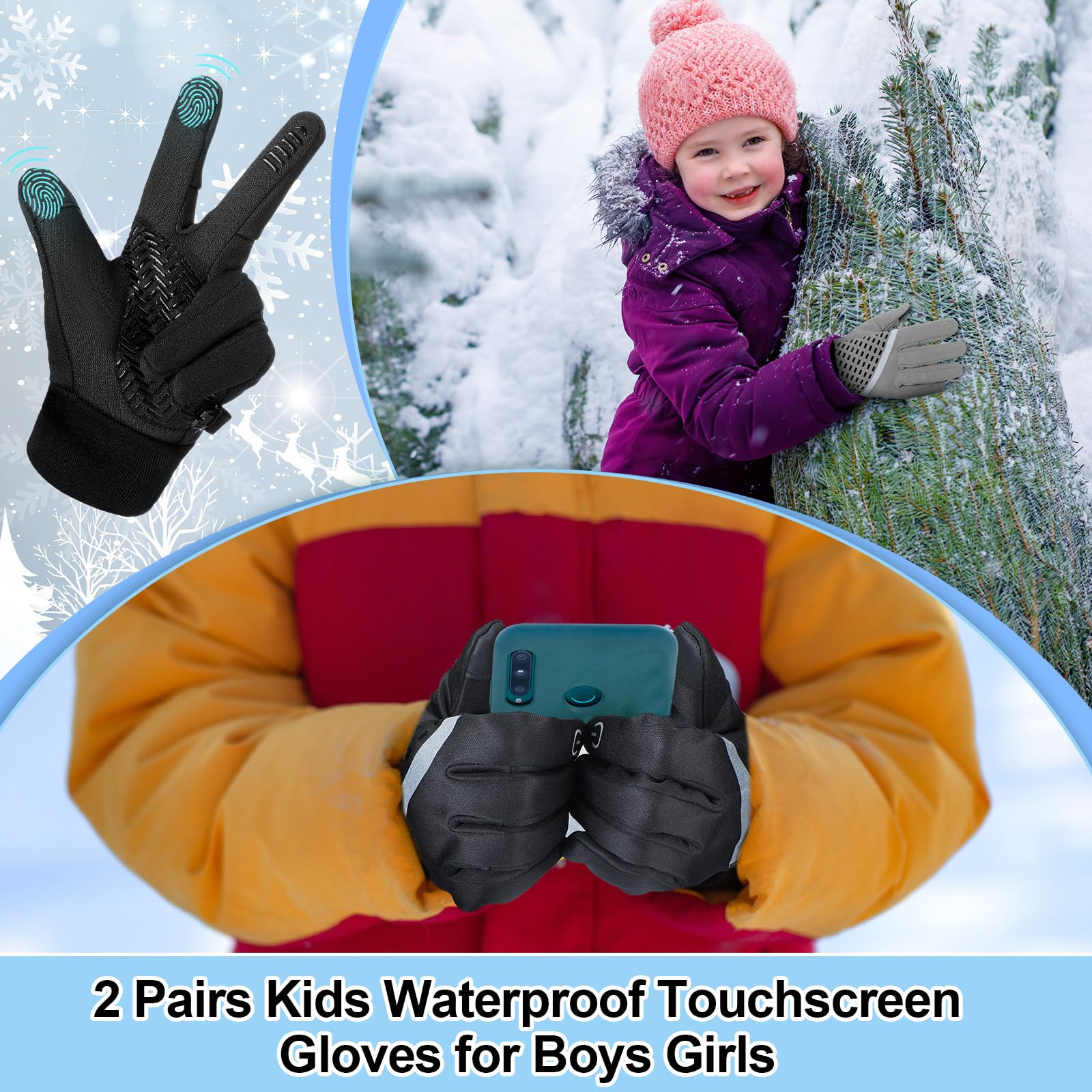 Suhine 2 pares de guantes impermeables para pantalla táctil, guantes de esquí de invierno para pantalla táctil, guantes cálidos reflectantes para niños y niñas