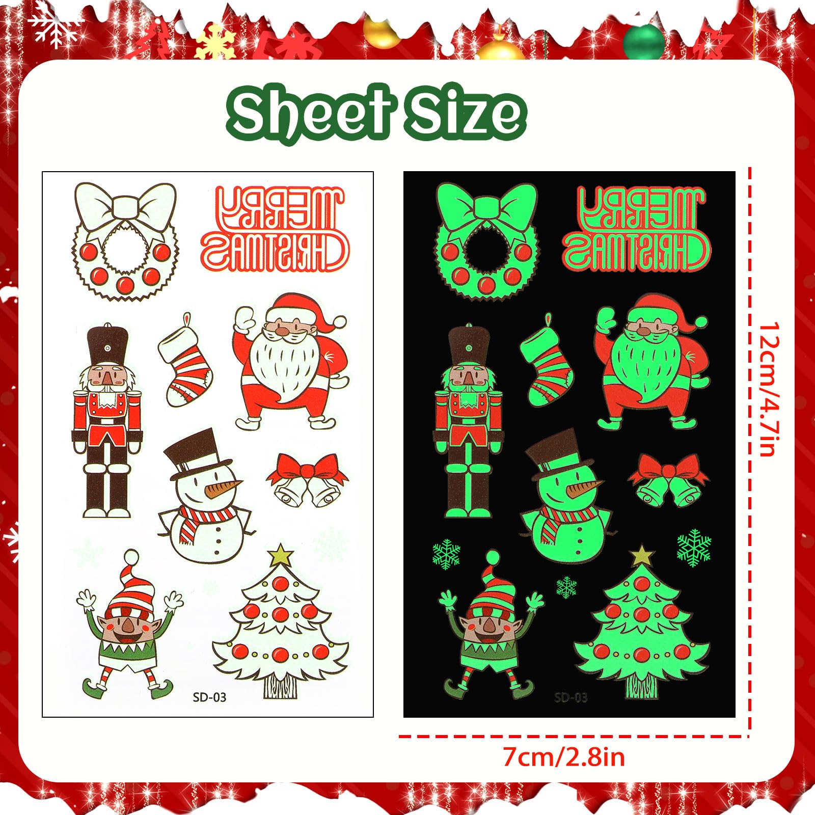 JUNEBRUSHS Glowing Christmas Temporary Tattoos for Kids 208Pcs Kids Tattoos 20 Sheets Christmas Stocking Stuffers Glow in the Dark Decorations for Boys Girls Christmas Face Makeup Gift Filler - Image 2