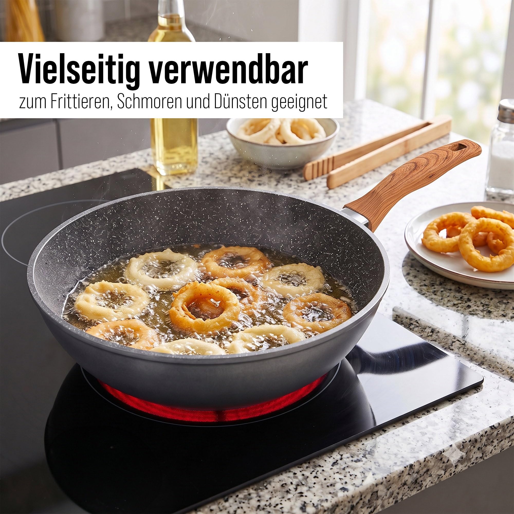 STONELINE Back to Nature Made in Germany Wok 30 cm, auch für öl- und fettfreies Braten, Wok Pfanne beschichtet mit echten Steinpartikeln, Wok Induktion und backofengeeignet