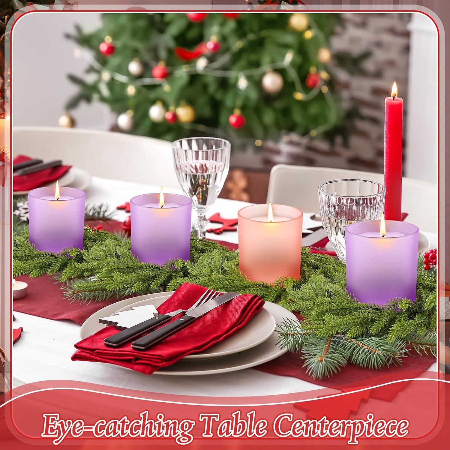 Pickmesh 4 Pcs Christmas Advent Candle Holder with Wreath Catholic Nativity Scene Glass Votive Tealight Candle Holders Purple and Pink for Holiday Xmas Centerpiece Church Home Decor (Frosted)