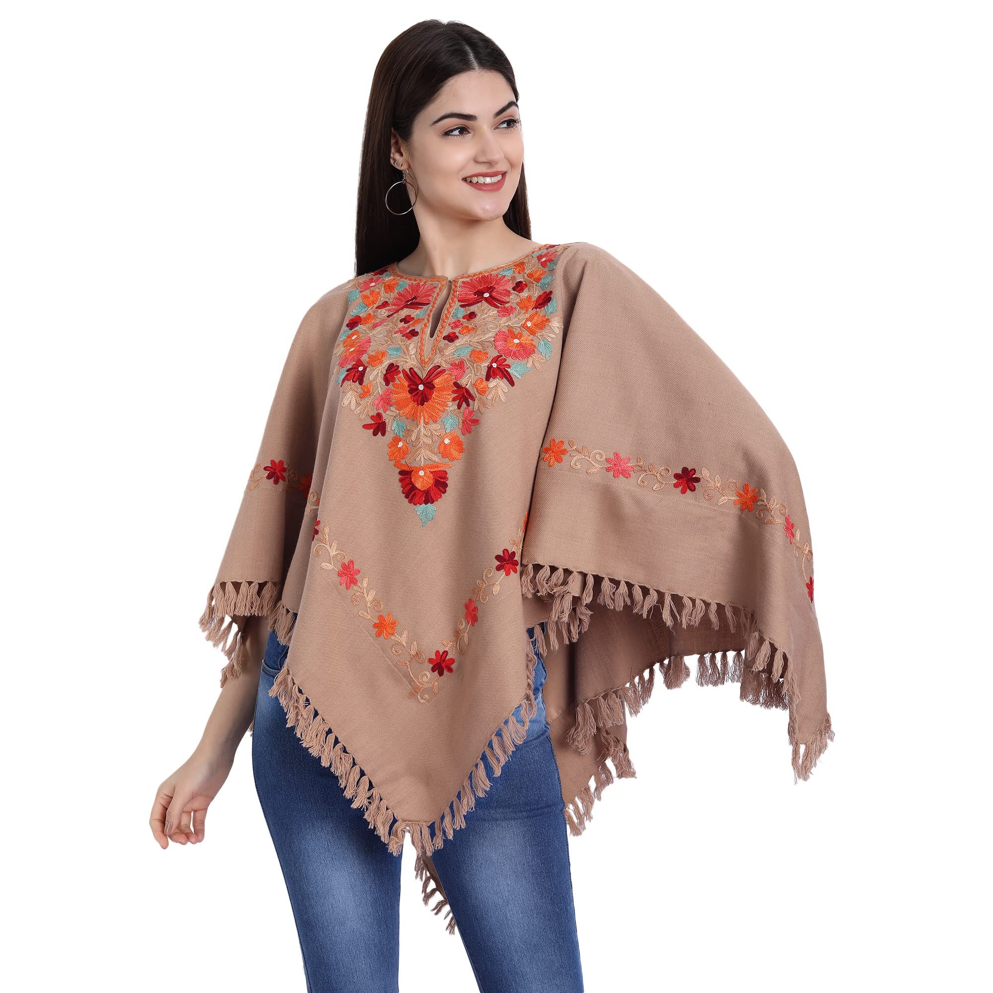 zamour Kashmiri Women's Wool Poncho Shrug Top Embroidery with Silk Lining-picture-37