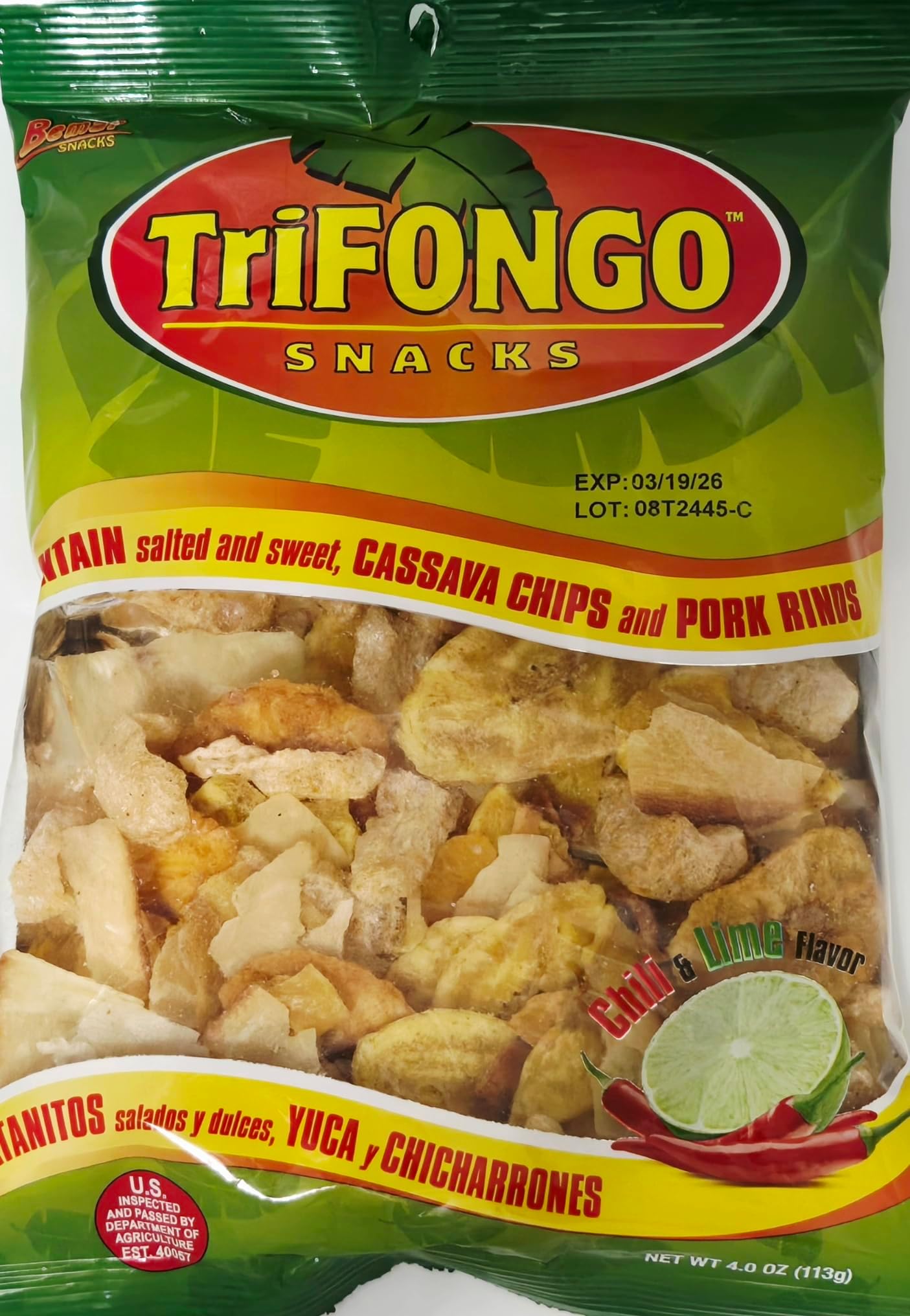Bemar Snacks Trifongo Plantain Chips Salted and Sweet, Cassava Chips, and Pork Skins 3 bags/4oz per bag