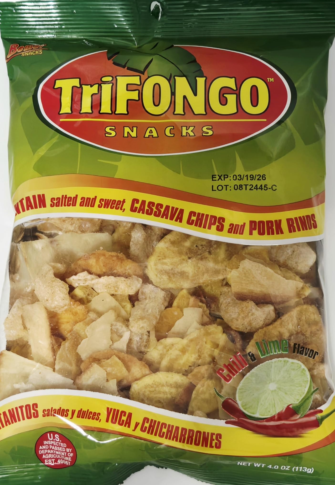 Bemar Snacks Trifongo Plantain Chips Salted and Sweet, Cassava Chips, and Pork Skins 3 bags/4oz per bag