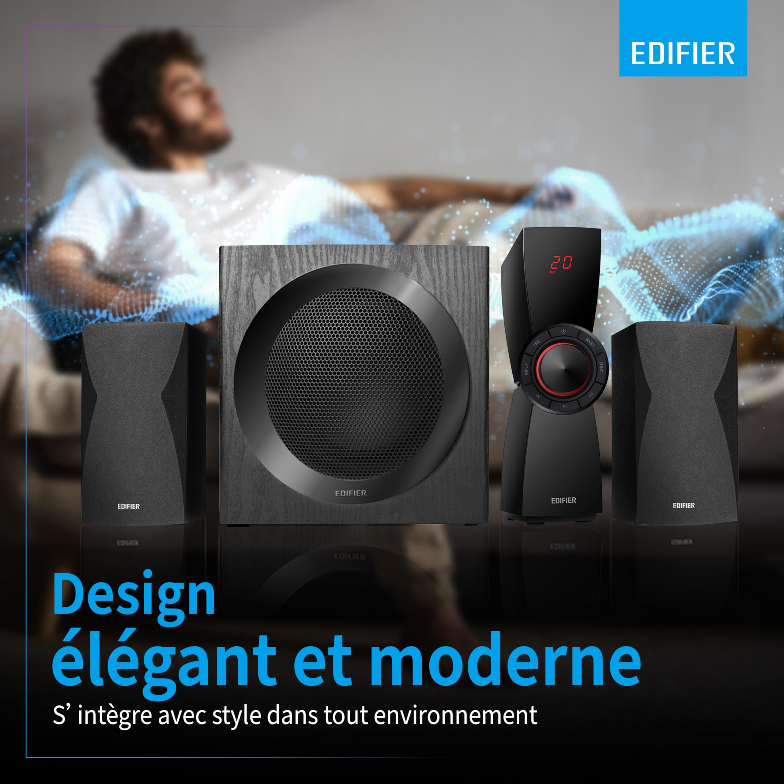 Edifier CX7 - Pack d'enceintes multimédia 2.1, 69W, avec Bluetooth V5.0, subwoofer de 21 cm (8 Pouces) et télécommande Infrarouge : Parfait pour la télévision, Le PC, l'ordinateur Portable, etc.