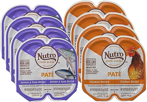 Nutro Perfect Portions - Alimento suave para gatos, sin granos, paquete de 2 sabores, 8 latas, (4) cada uno salmón y atún, pollo, 2.6 onzas (8 latas