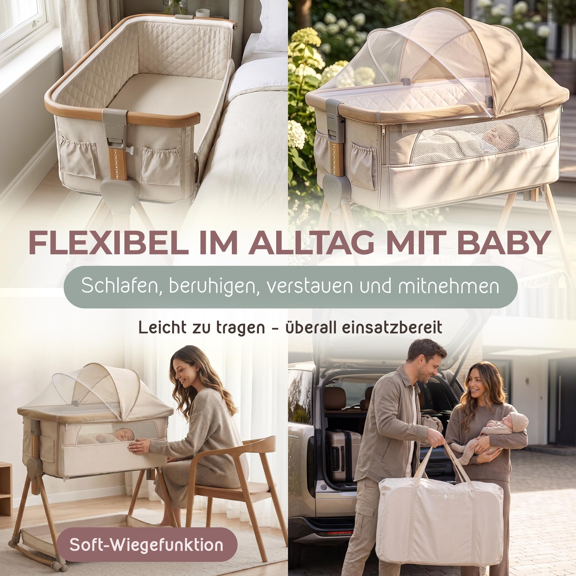 mimi kalu® Beistellbett Baby mit Rollen für Boxspringbett & europäische Standardbetten – 4-in-1 Baby Bett, Stubenwagen, Reisebett & Babywiege – höhenverstellbar