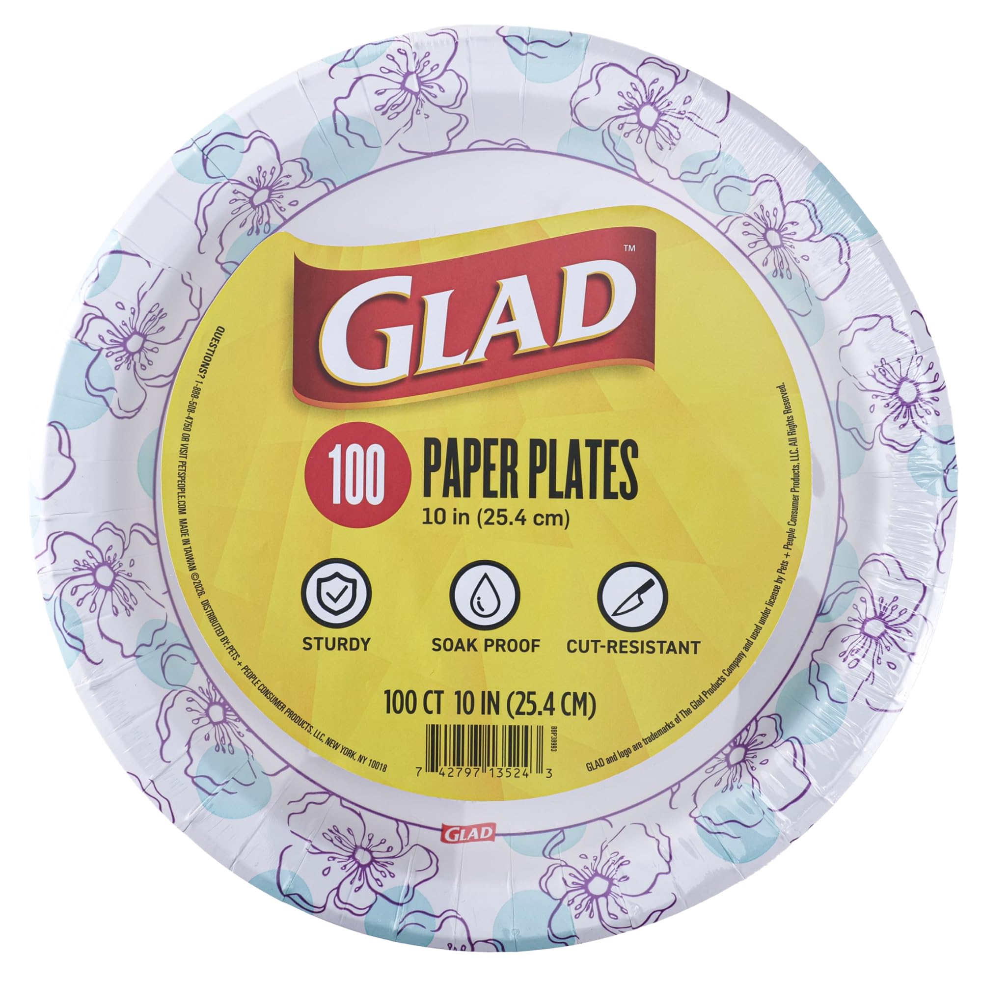 Glad Piatti di carta usa e getta rotondi, fiore blu, 25,4 cm, 100 pezzi