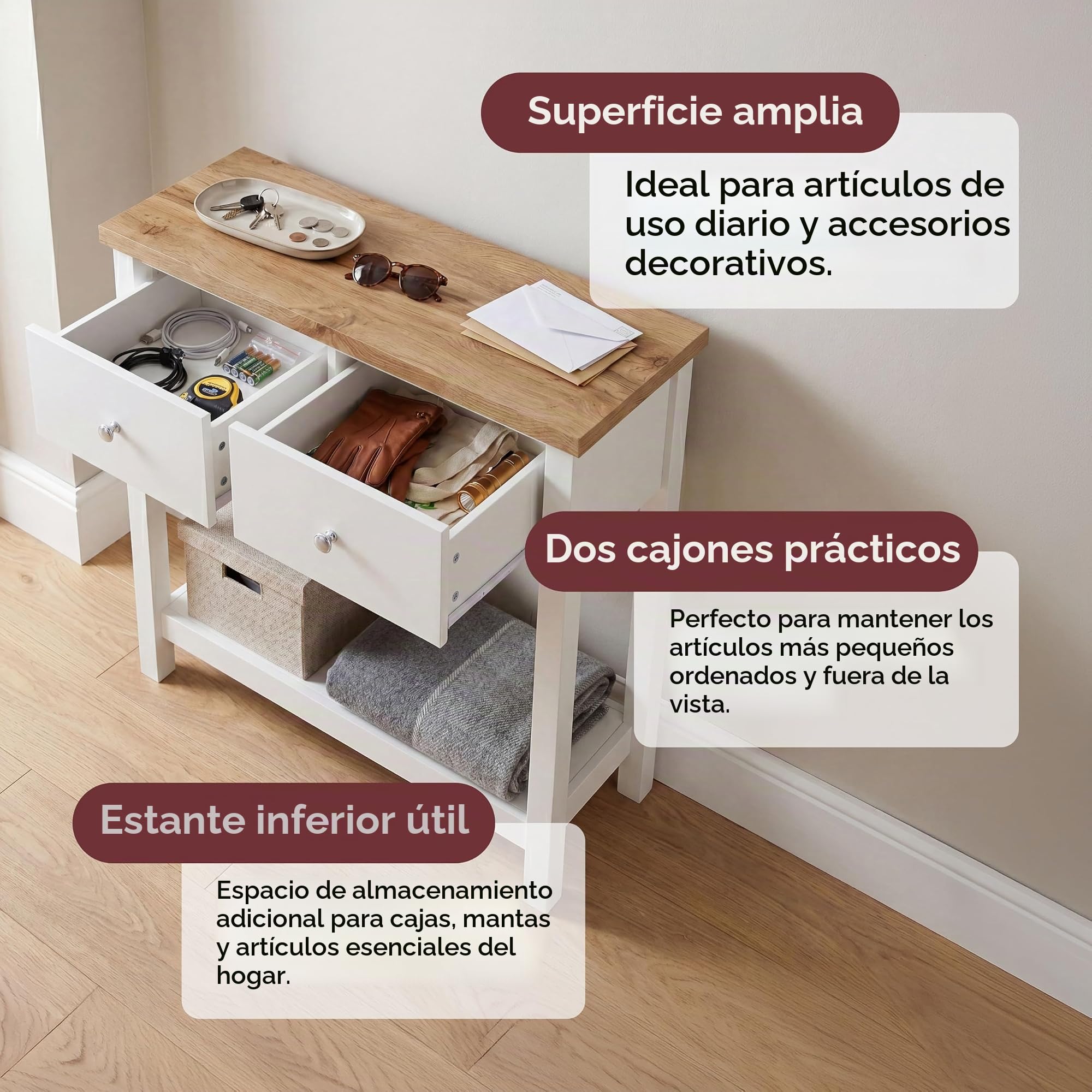 Vida Designs Arlington - Mesa de Consola con Estante para Pasillo y tocador (Tablero DM, 2 cajones), Color Blanco