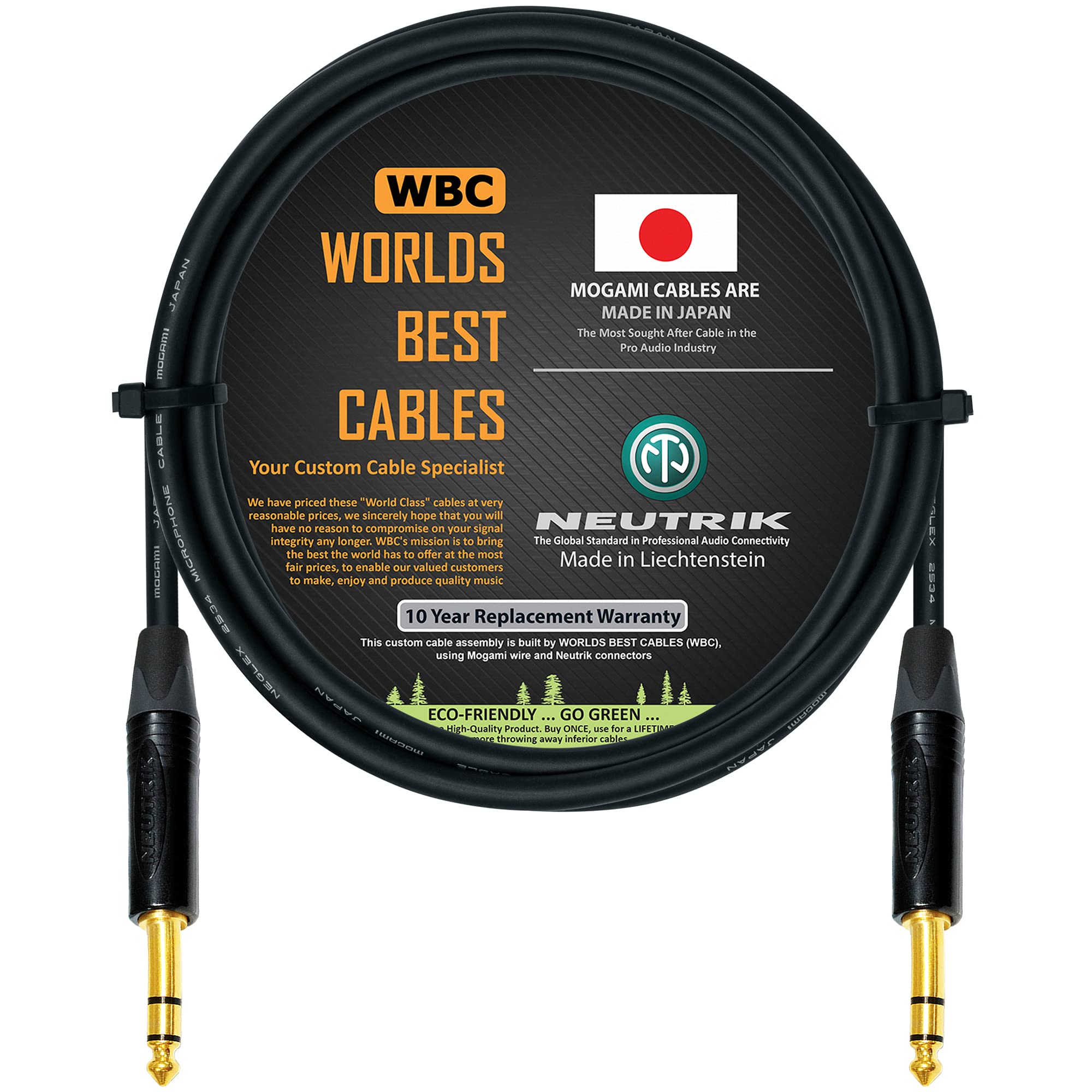 WORLDS BEST CABLES2 Foot - Quad Balanced Patch CUSTOM MADE – using Mogami 2534 wire and Neutrik NP3X-B ¼ Inch (6.35mm) TRS Stereo Phone Plugs