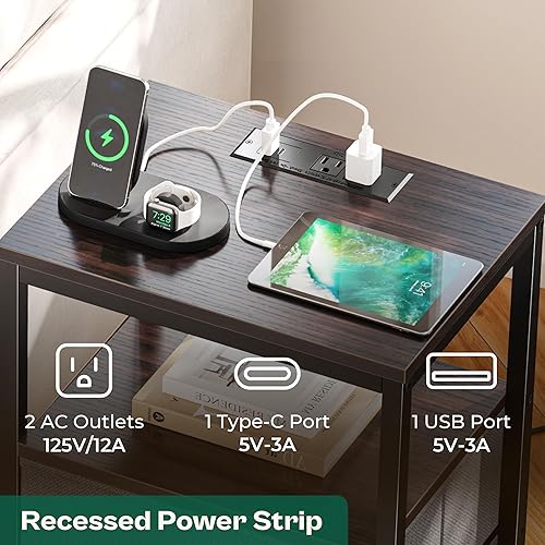 Miniatura 4 de Huuger Juego de 2 mesitas de noche, mesas auxiliares con estación de carga, cajones de tela, mesitas de noche con puertos USB y tomas, mesitas de