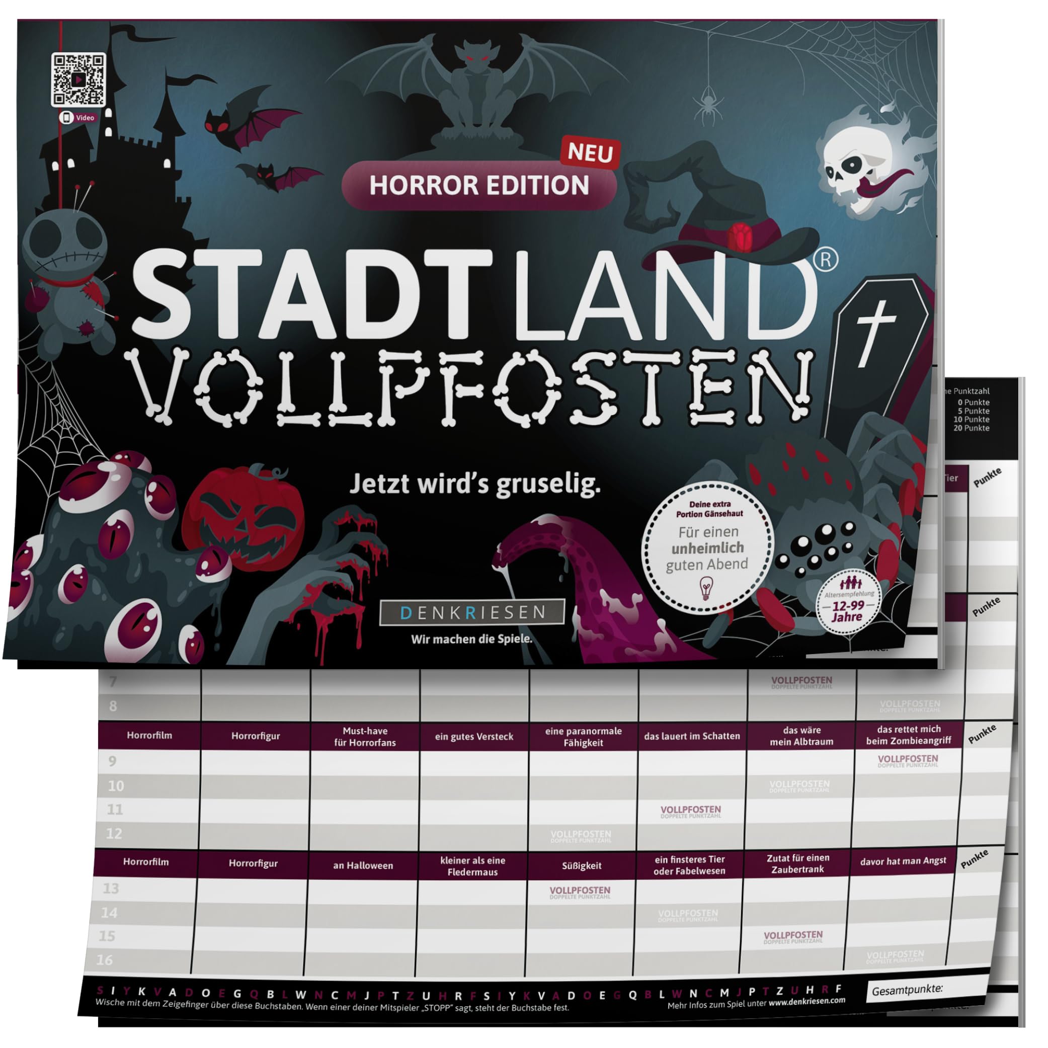 DENKRIESEN Stadt Land VOLLPFOSTEN Horror Edition | DIN A4 Spielblock | 50 Blatt ab 12 Jahren mit gruseligen Kategorien, ideal für Halloween, Partys und spannende Spieleabende.