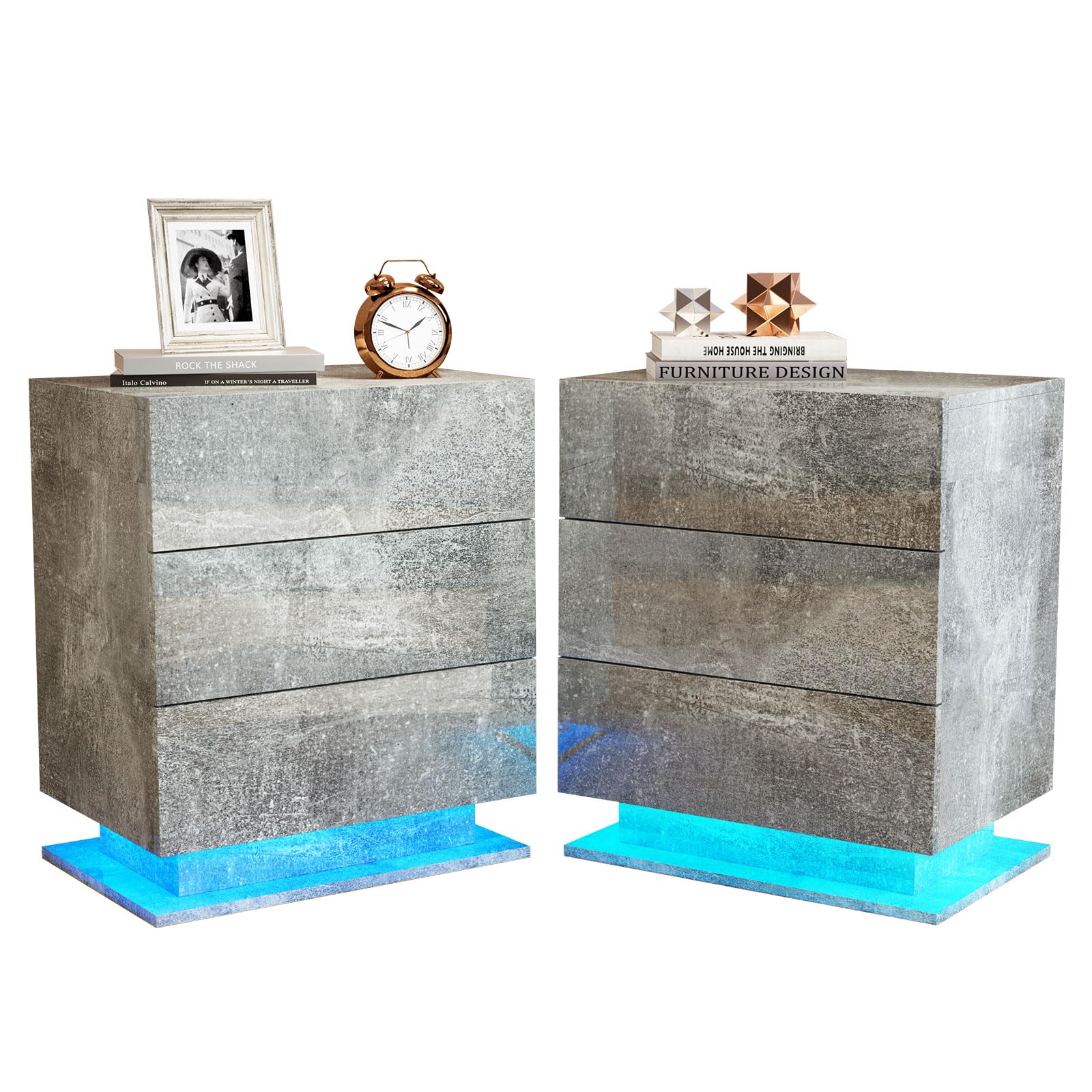Nightstand Set of 2 LED Nightstand with 3 Drawers,Modern High Gloss Bedside Table, Wooden Smart Side Table End Table with LED Lights Strips for Bedroom Furniture, Grey