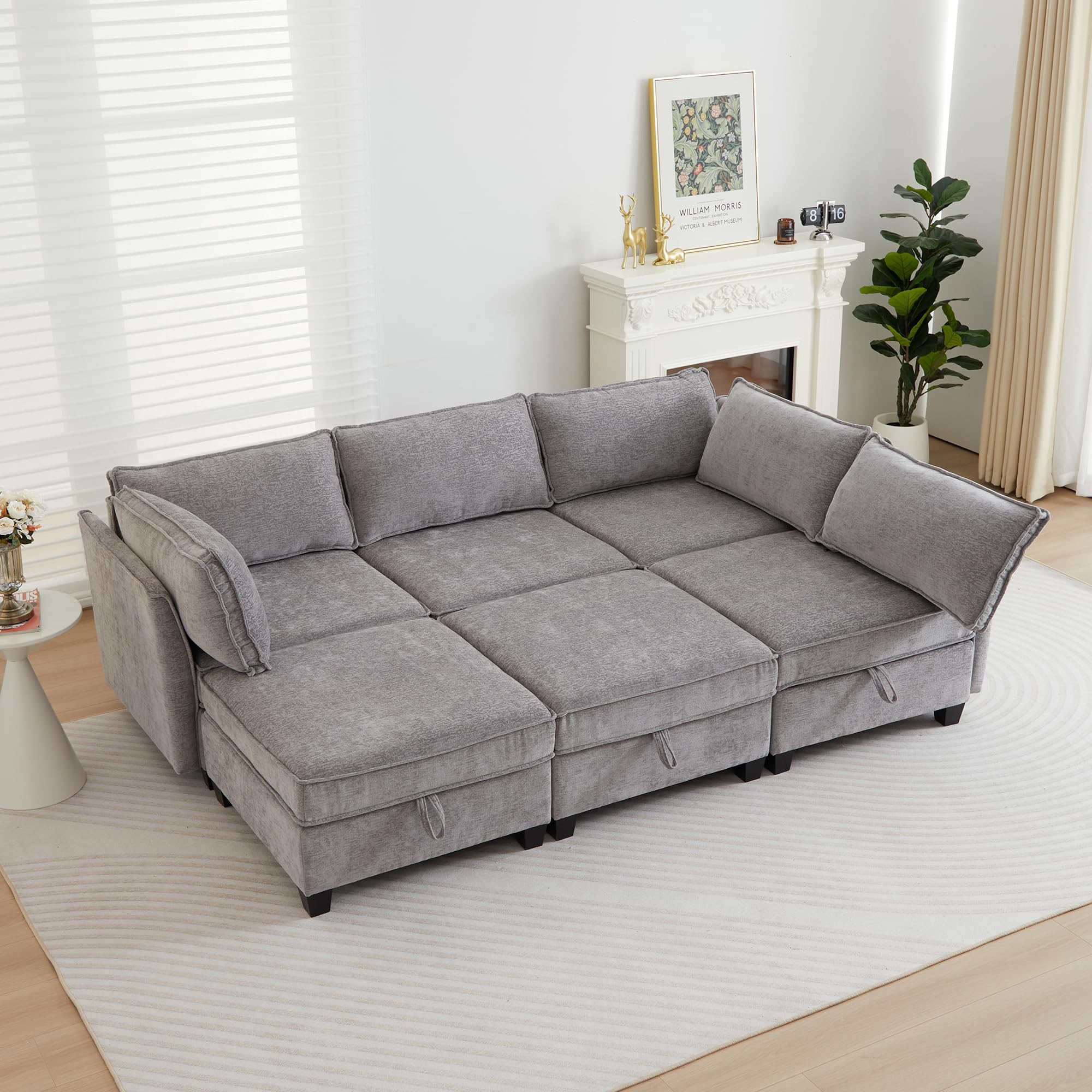 ORRD Sleeper Modular Sectional Sofa Set, Convertible Couch Bed with Storage, 6 Seater and 3 Armrestes Sofa Modular for Living Room, Office (Grey)