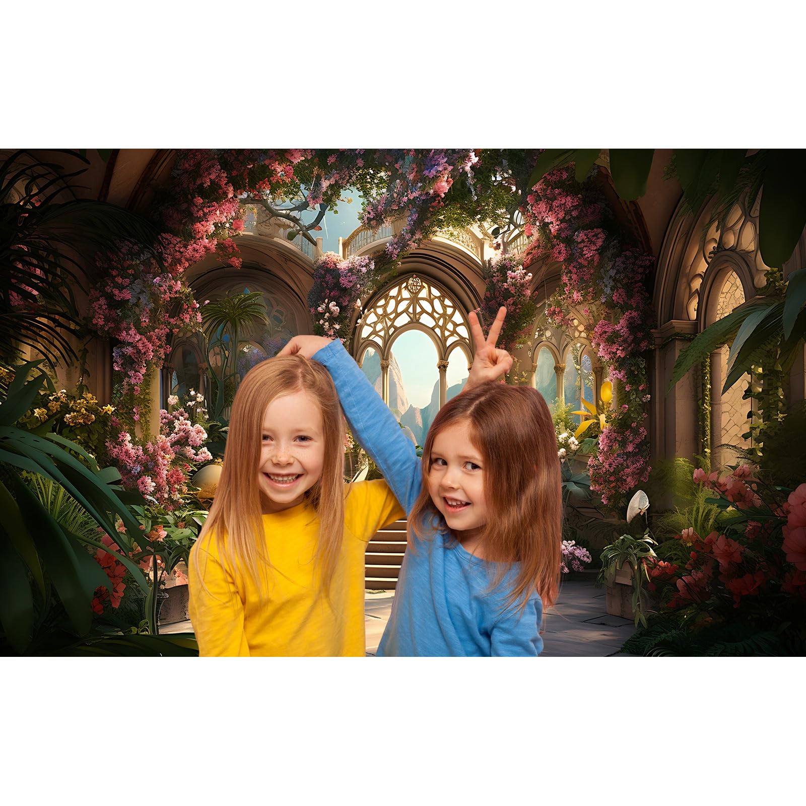 Garden Backdrop Wedding Archway Pink Flowers Photography Background Beautiful Fantasy Garden Scene with Stairway Backdrops Birthday Party Wedding Anniversary Portrait Photo Studio Props: 12x8ft