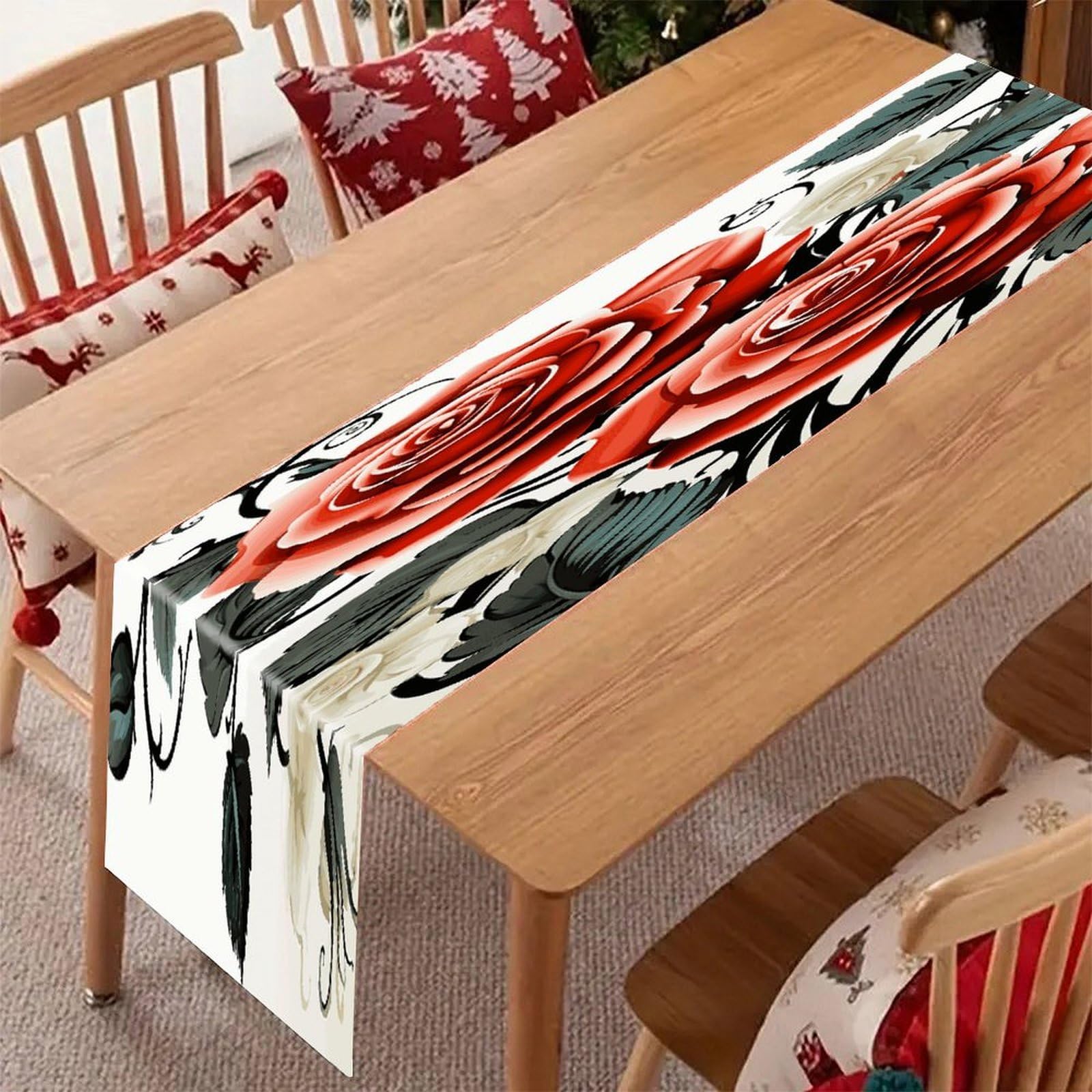 Rustic Linen Table Runner Farmhouse Style Floral Rose Ivy with Leaves Spring Table Runners Boho Style Tabletop Collection Home Long Dining Table Decoration for Party Living Room 13" X 71"