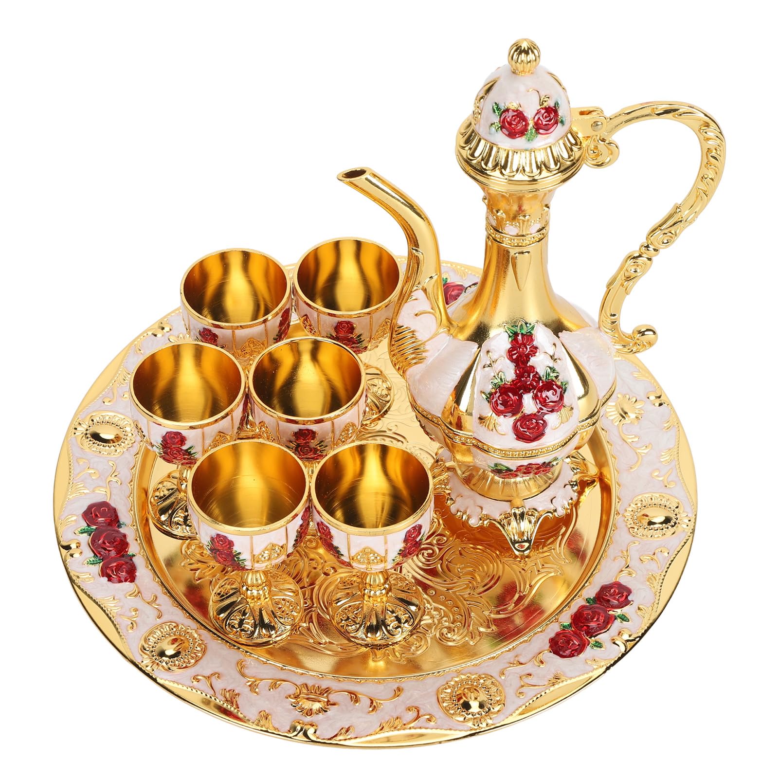 Juego de Café Turco,Juego de Cafetera Turca Vintage de Aleación con Bandeja y 6 Tazas, Decantador de Vino y Vasos, Elegante Set Artesanal para Fiestas, Reuniones, Cenas de Bodas (Gold White Red)
