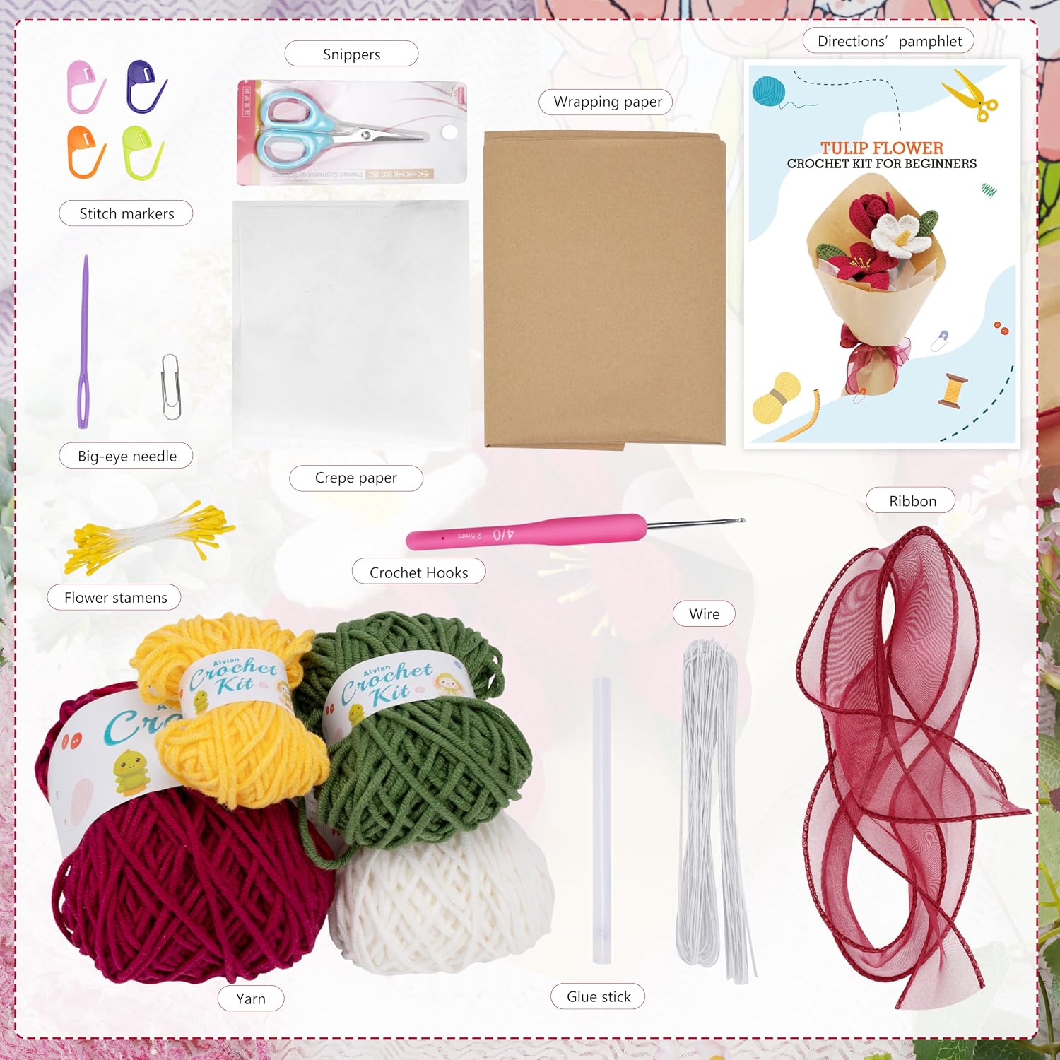 Alvian Tulip Crochet Kit for Beginners | DIY Flower Bouquet Making with Yarn, Hook & Video Tutorial | Adult Craft Gift for Birthday, Valentine’s, Anniversary